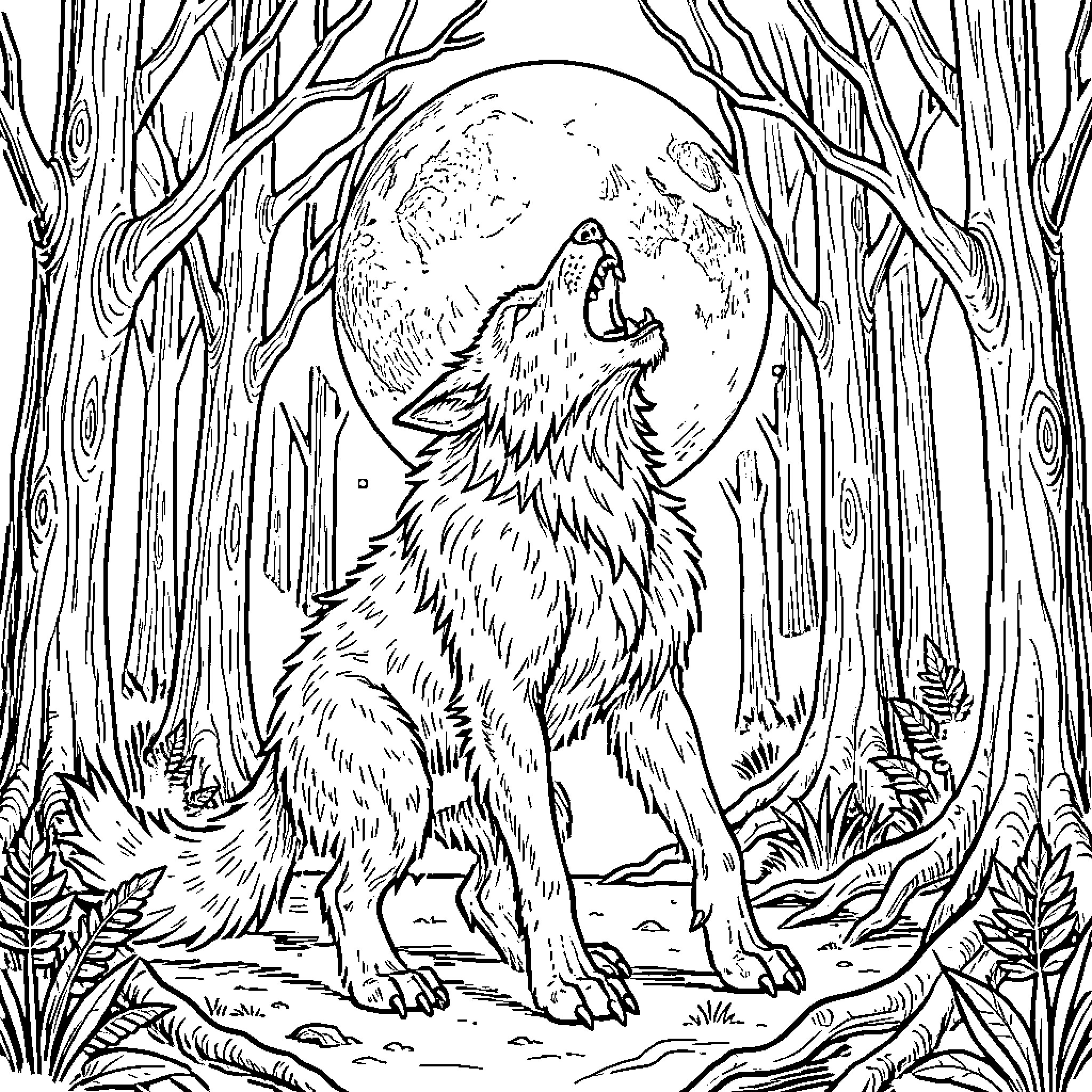 Werewolf howling loudly at the full moon in forest Coloring Page (free black-and-white line drawing printable PDF for all, from beginners to advanced learners, including children, teens, adults, and seniors)