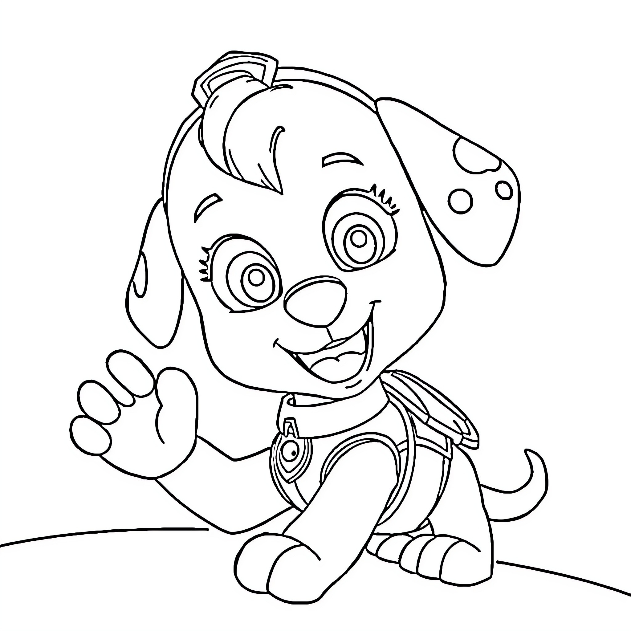 Sky puppy waving happily Coloring Page (free black-and-white line drawing printable PDF for all, from beginners to advanced learners, including children, teens, adults, and seniors)