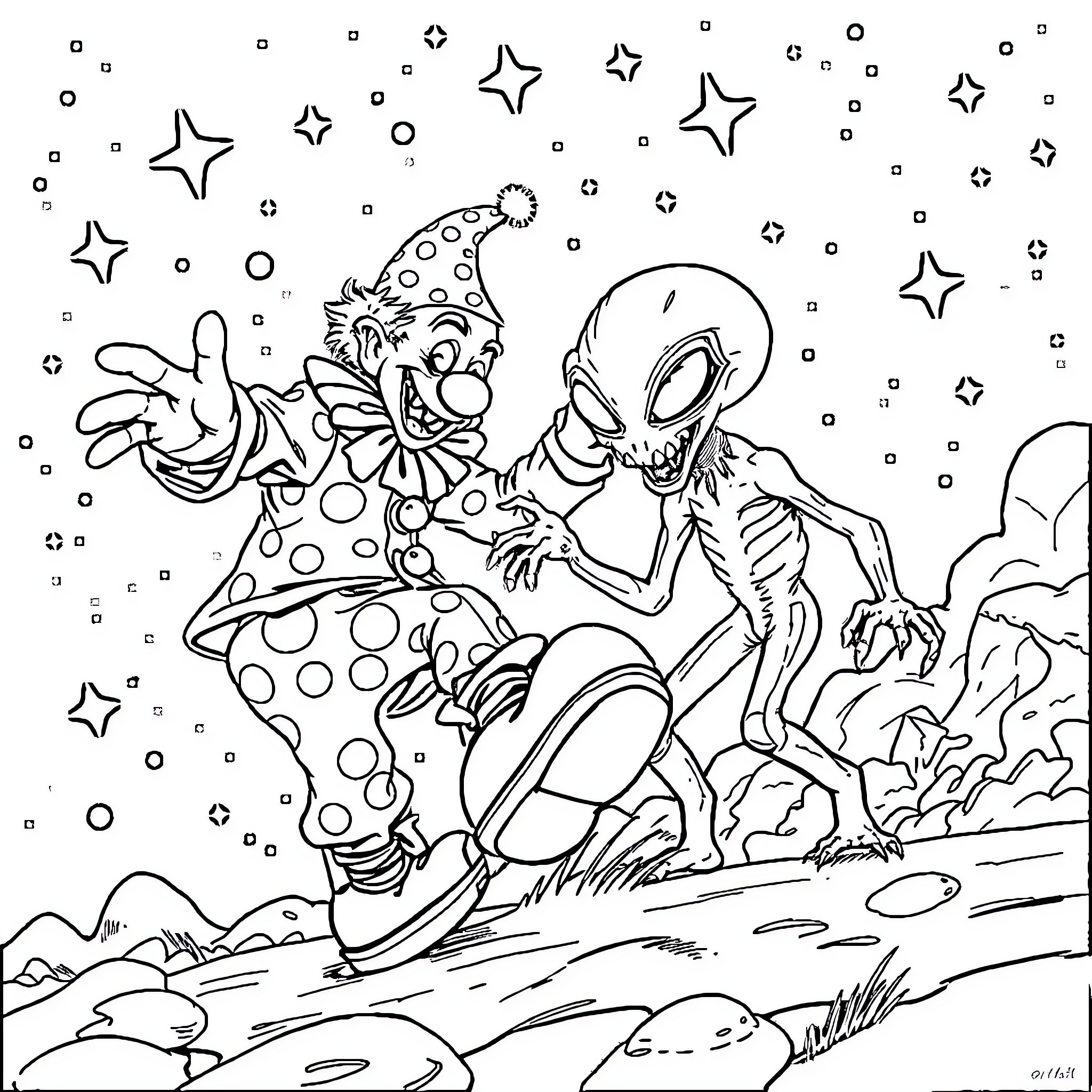 Clown Alien Encounter in the Night Sky Coloring Page (free black-and-white line drawing printable PDF for all, from beginners to advanced learners, including children, teens, adults, and seniors)