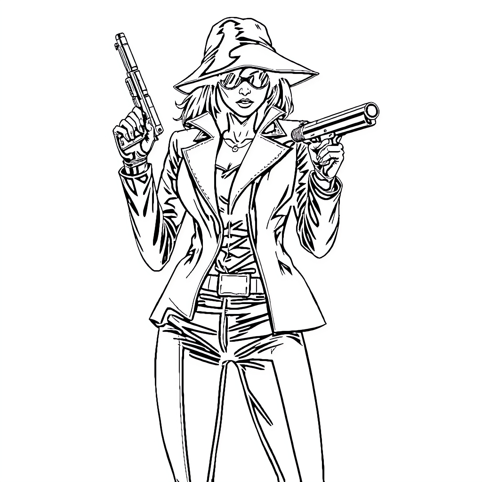 Woman in action-packed adventure outfit with guns Coloring Page (free black-and-white line drawing printable PDF for all, from beginners to advanced learners, including children, teens, adults, and seniors)