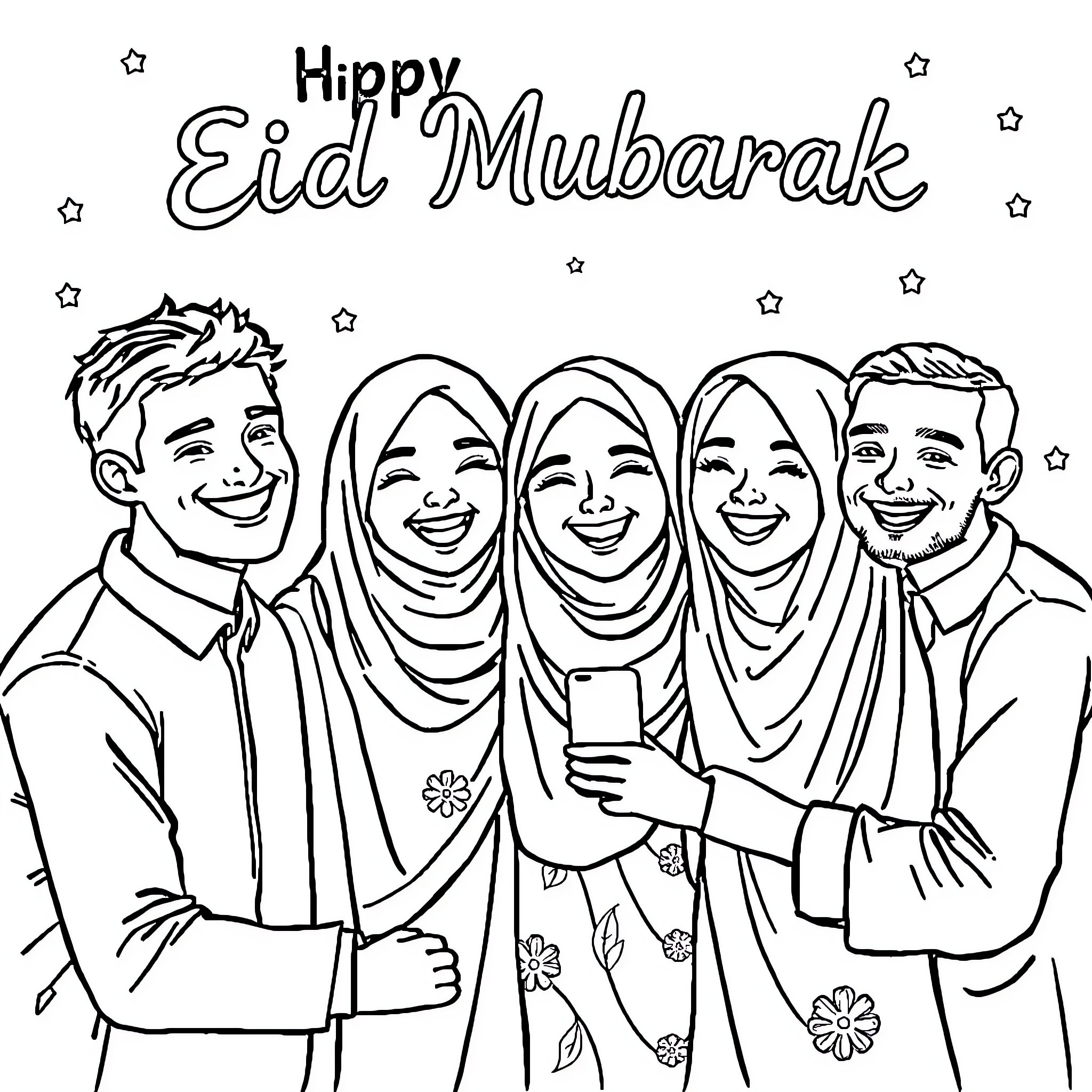 Eid celebration with family and friends Coloring Page (free black-and-white line drawing printable PDF for all, from beginners to advanced learners, including children, teens, adults, and seniors)