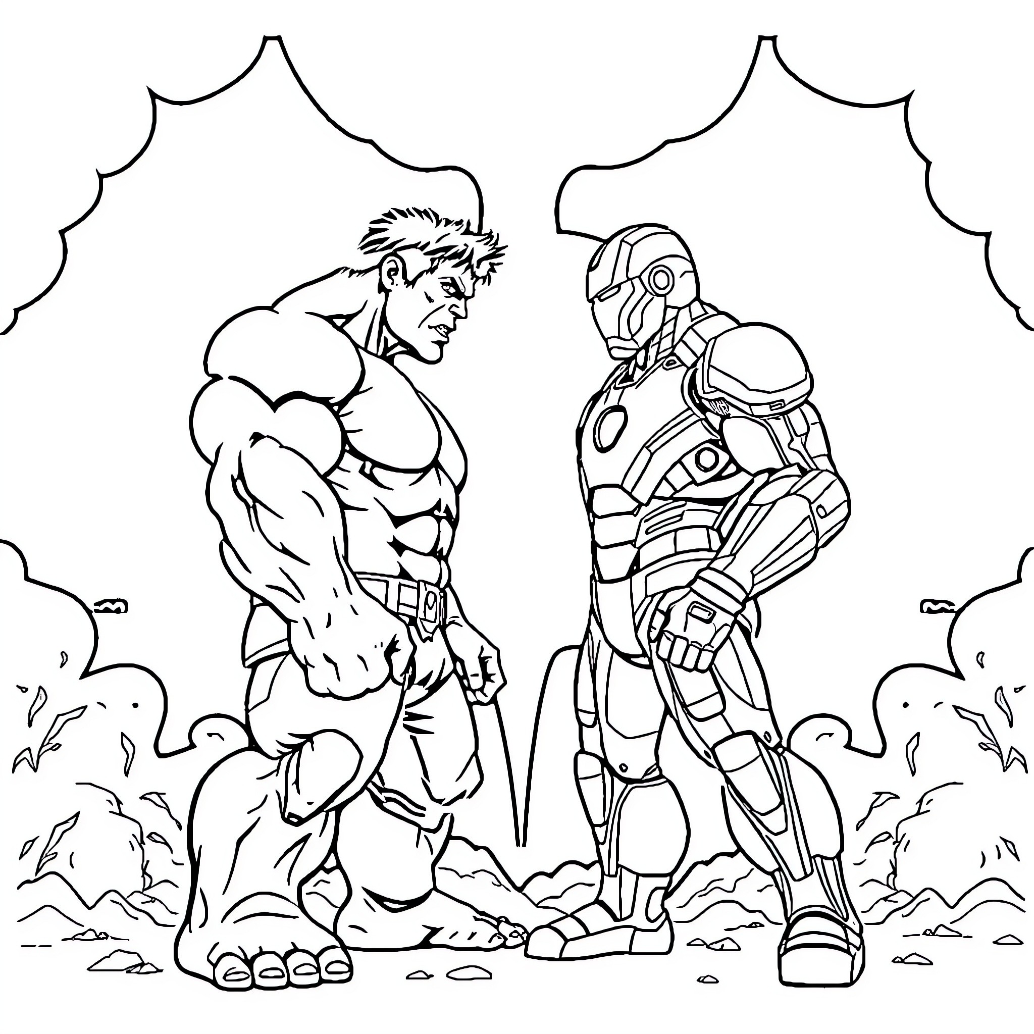 Hulk and Armored Robot Confronting Each Other Coloring Page (free black-and-white line drawing printable PDF for all, from beginners to advanced learners, including children, teens, adults, and seniors)