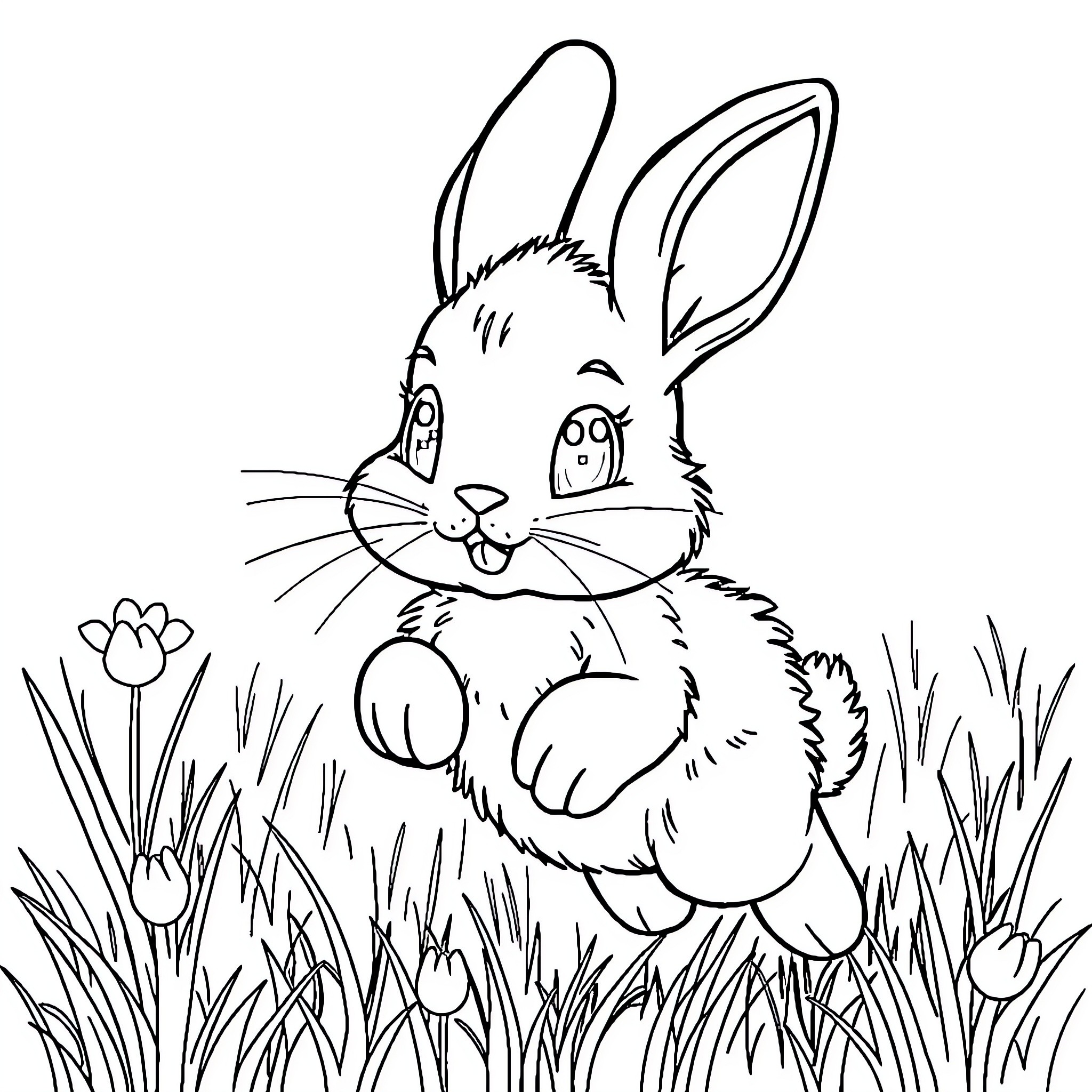 Bunny enjoying nature in a field of flowers Coloring Page (free black-and-white line drawing printable PDF for all, from beginners to advanced learners, including children, teens, adults, and seniors)