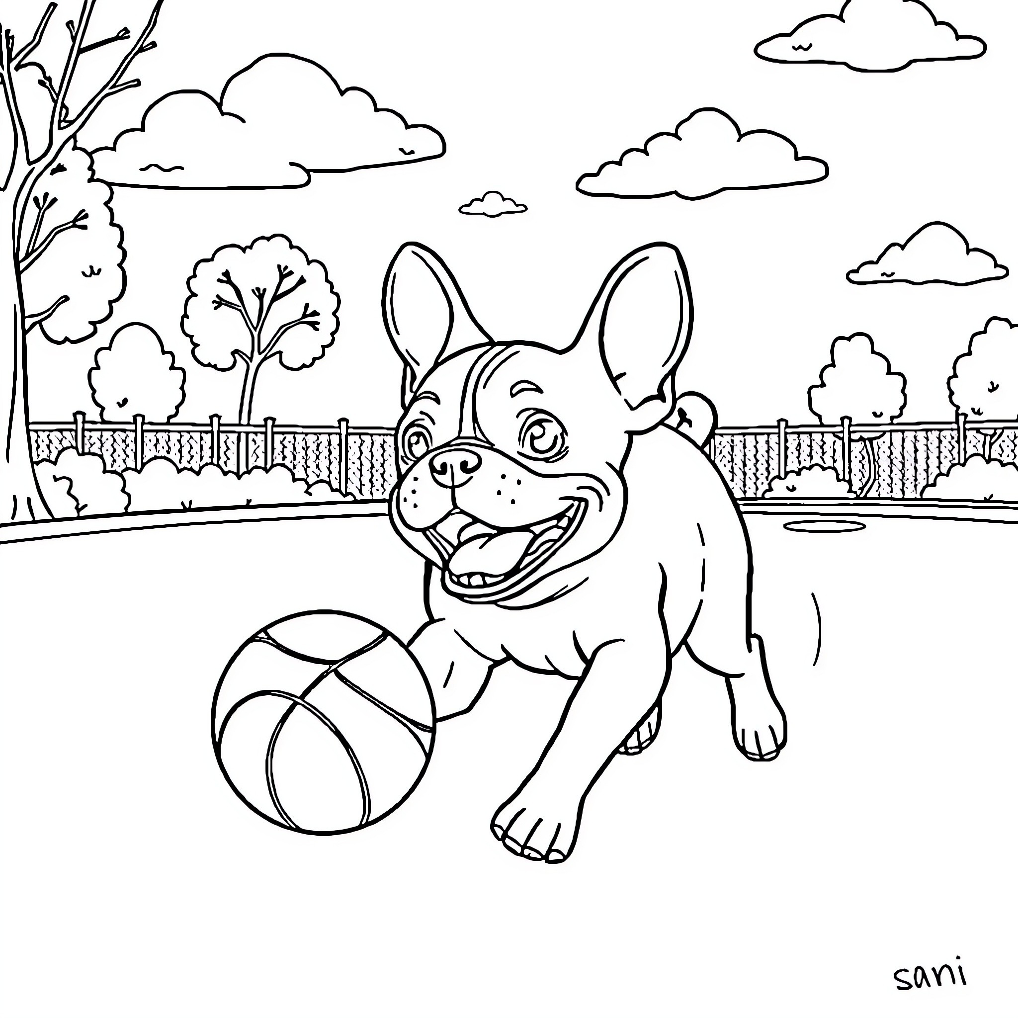 French Bulldog playing joyfully with ball in park Coloring Page (free black-and-white line drawing printable PDF for all, from beginners to advanced learners, including children, teens, adults, and seniors)