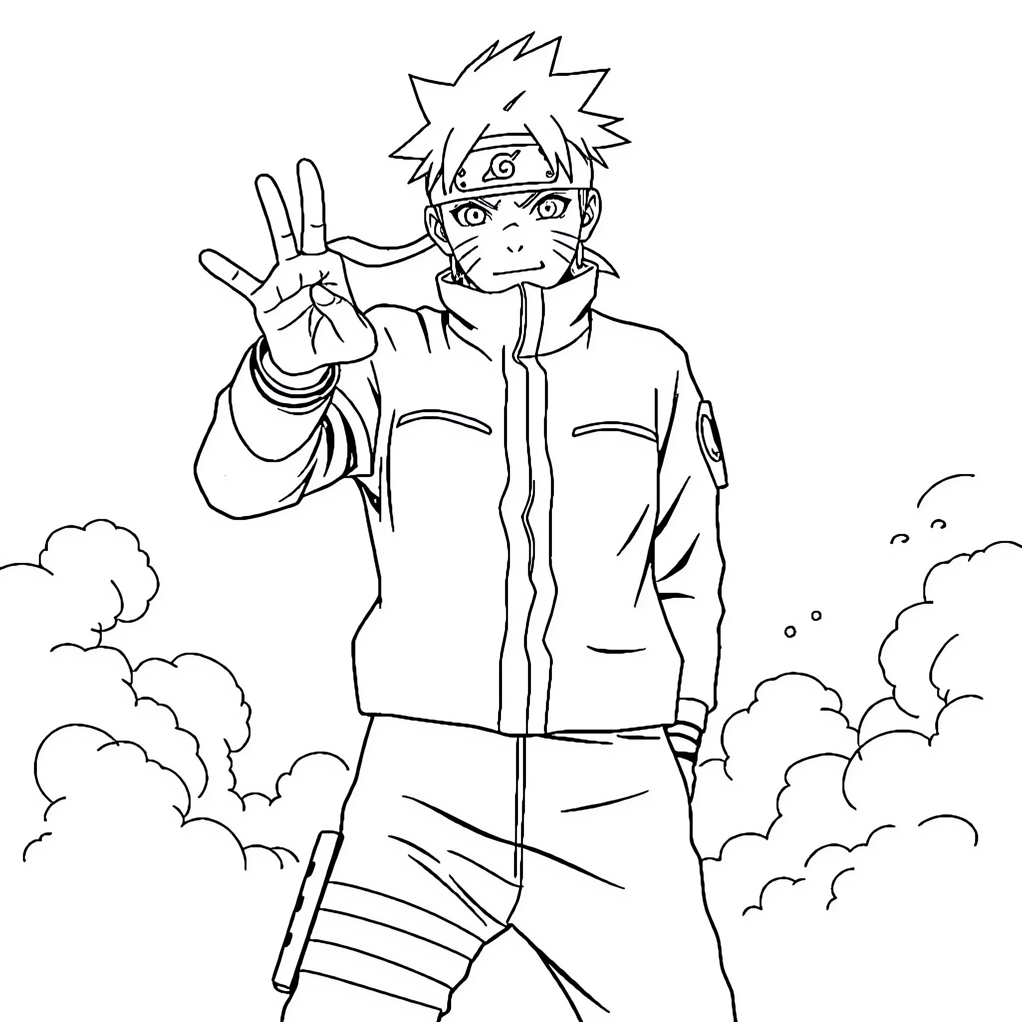 Naruto making a peace sign in the clouds Coloring Page (free black-and-white line drawing printable PDF for all, from beginners to advanced learners, including children, teens, adults, and seniors)