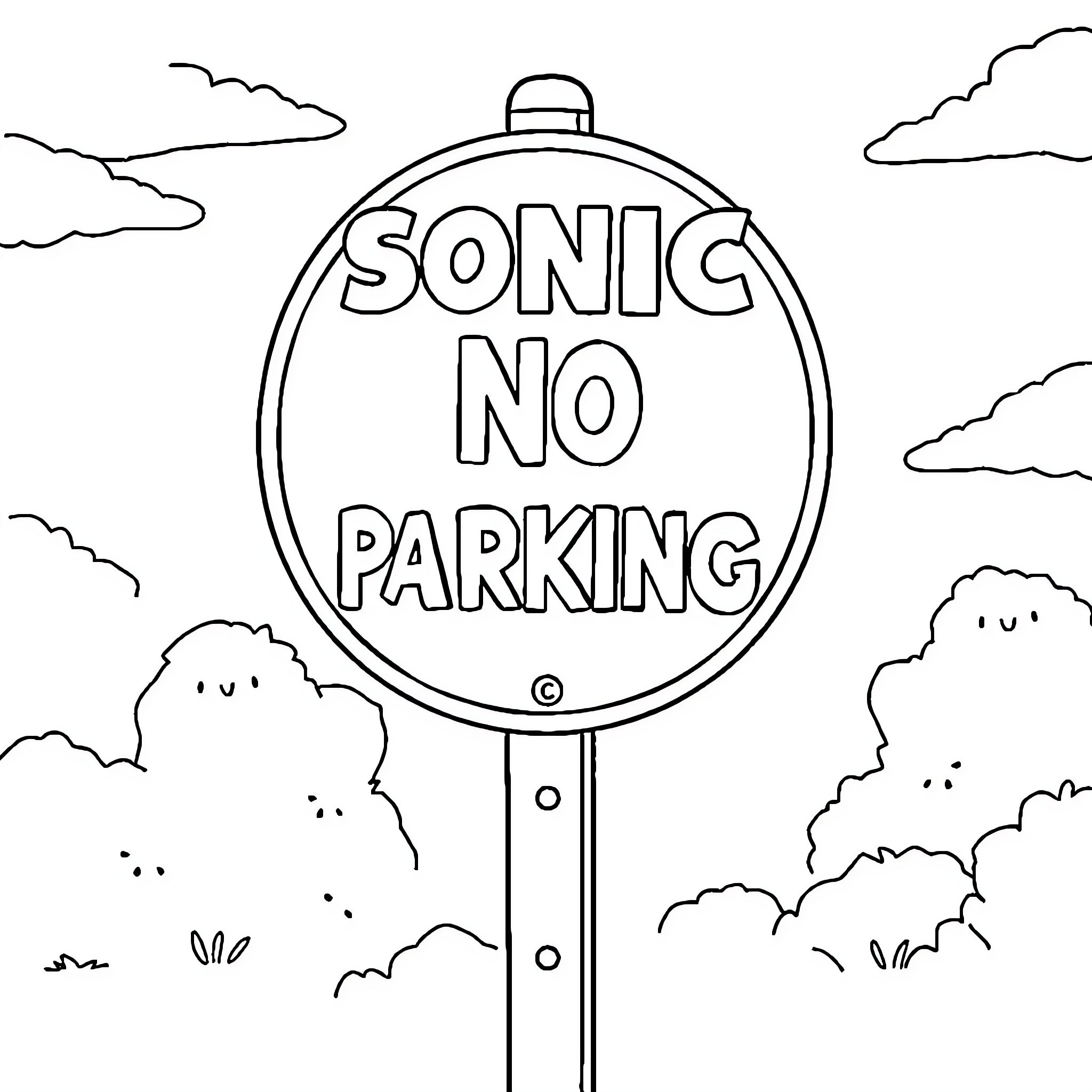 Sonic No Parking Sign in Nature Coloring Page (free black-and-white line drawing printable PDF for all, from beginners to advanced learners, including children, teens, adults, and seniors)