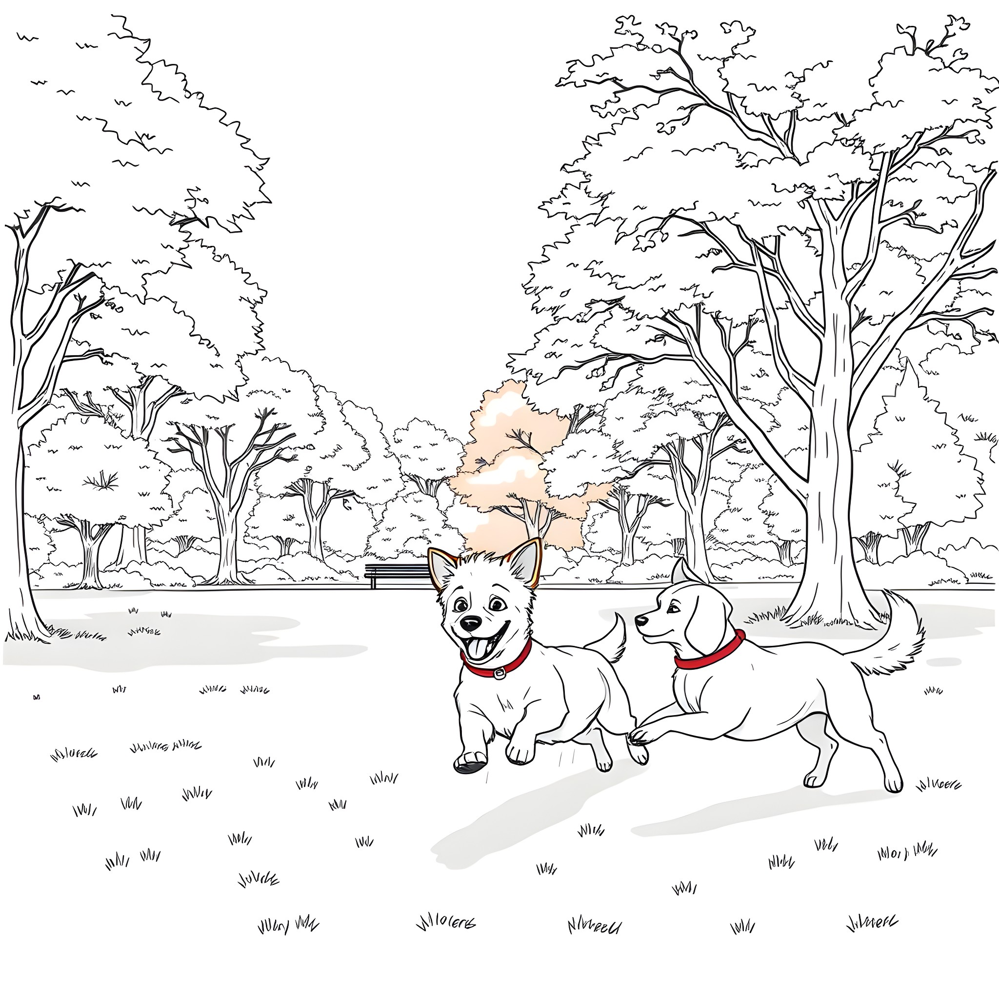 Dogs playing joyfully in a park Coloring Page (free black-and-white line drawing printable PDF for all, from beginners to advanced learners, including children, teens, adults, and seniors)