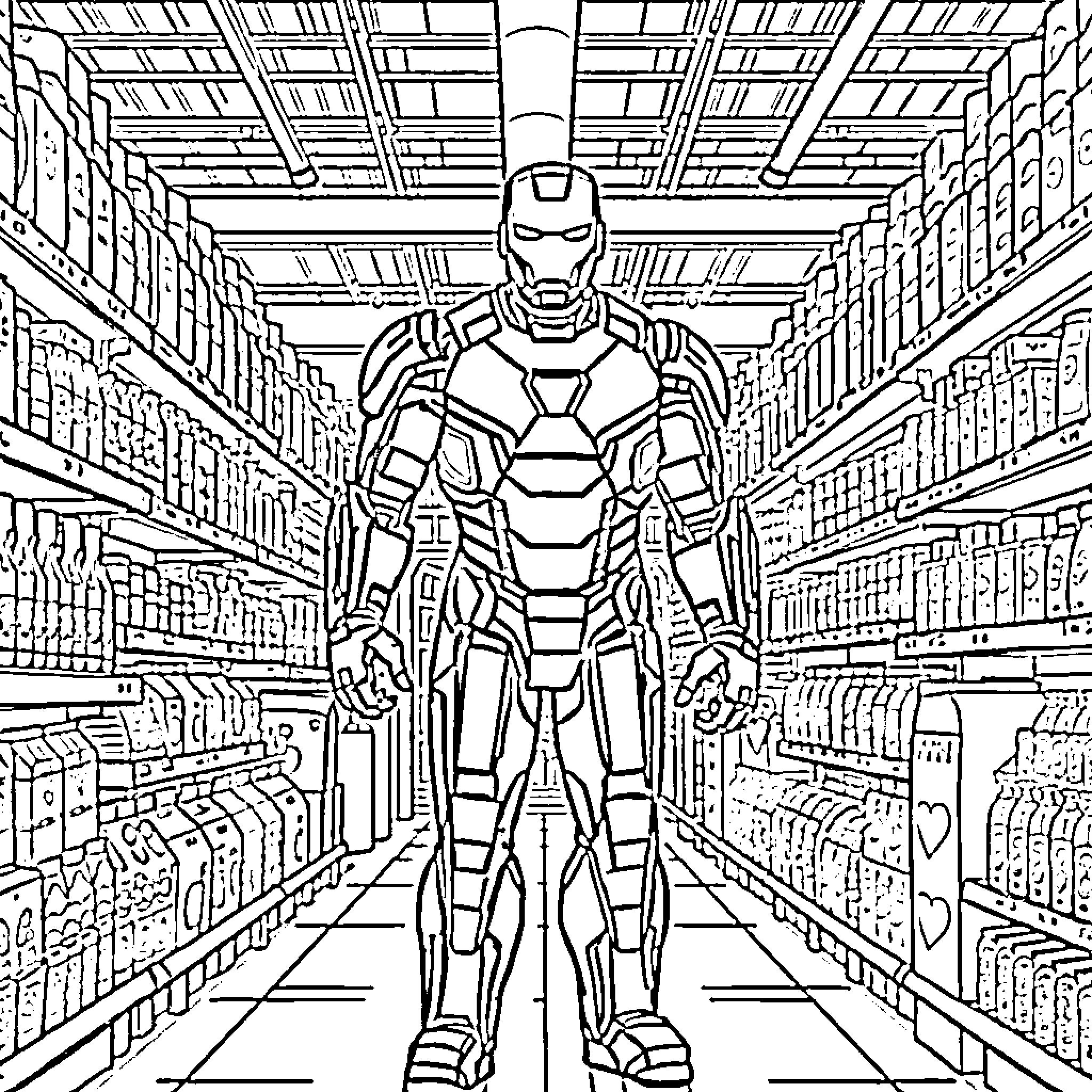 Ironman exploring a futuristic warehouse Coloring Page (free black-and-white line drawing printable PDF for all, from beginners to advanced learners, including children, teens, adults, and seniors)