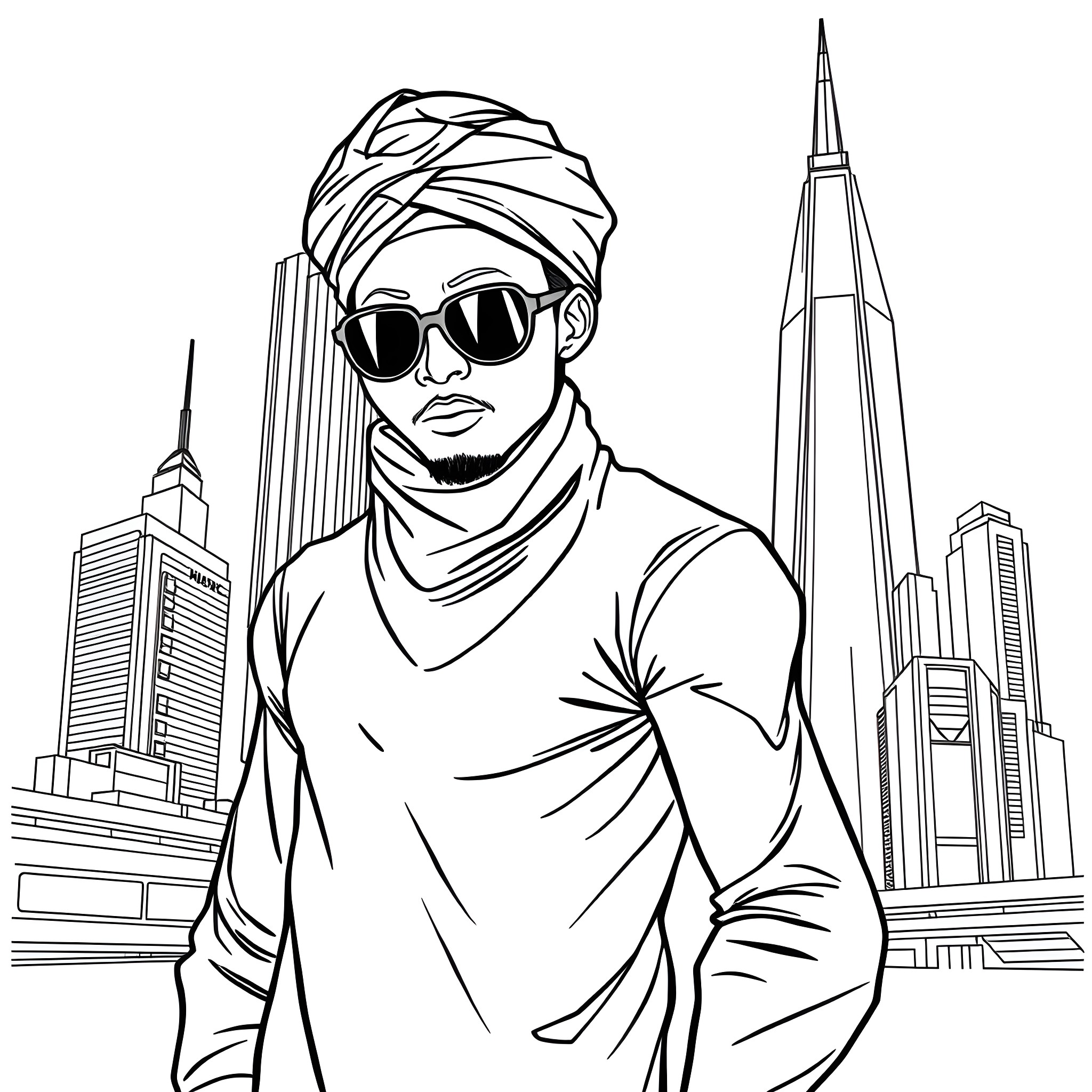 Future City Explorer in Modern Attire Coloring Page (free black-and-white line drawing printable PDF for all, from beginners to advanced learners, including children, teens, adults, and seniors)