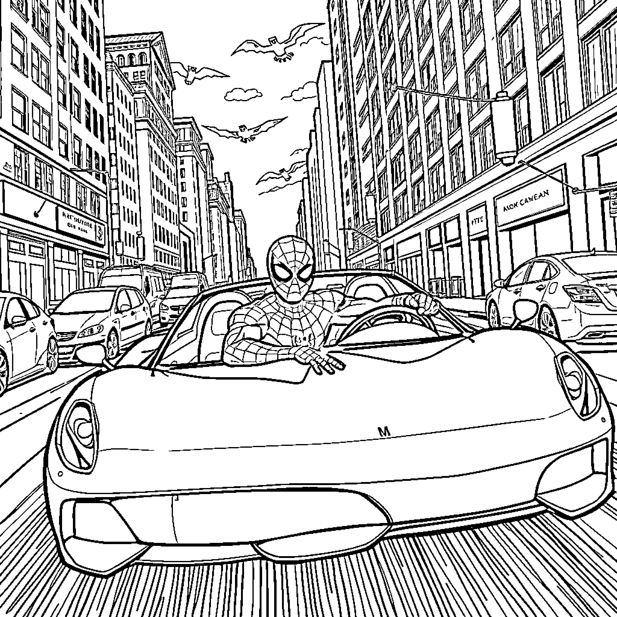 Spiderman swinging through the city in a sports car Coloring Page (free black-and-white line drawing printable PDF for all, from beginners to advanced learners, including children, teens, adults, and seniors)