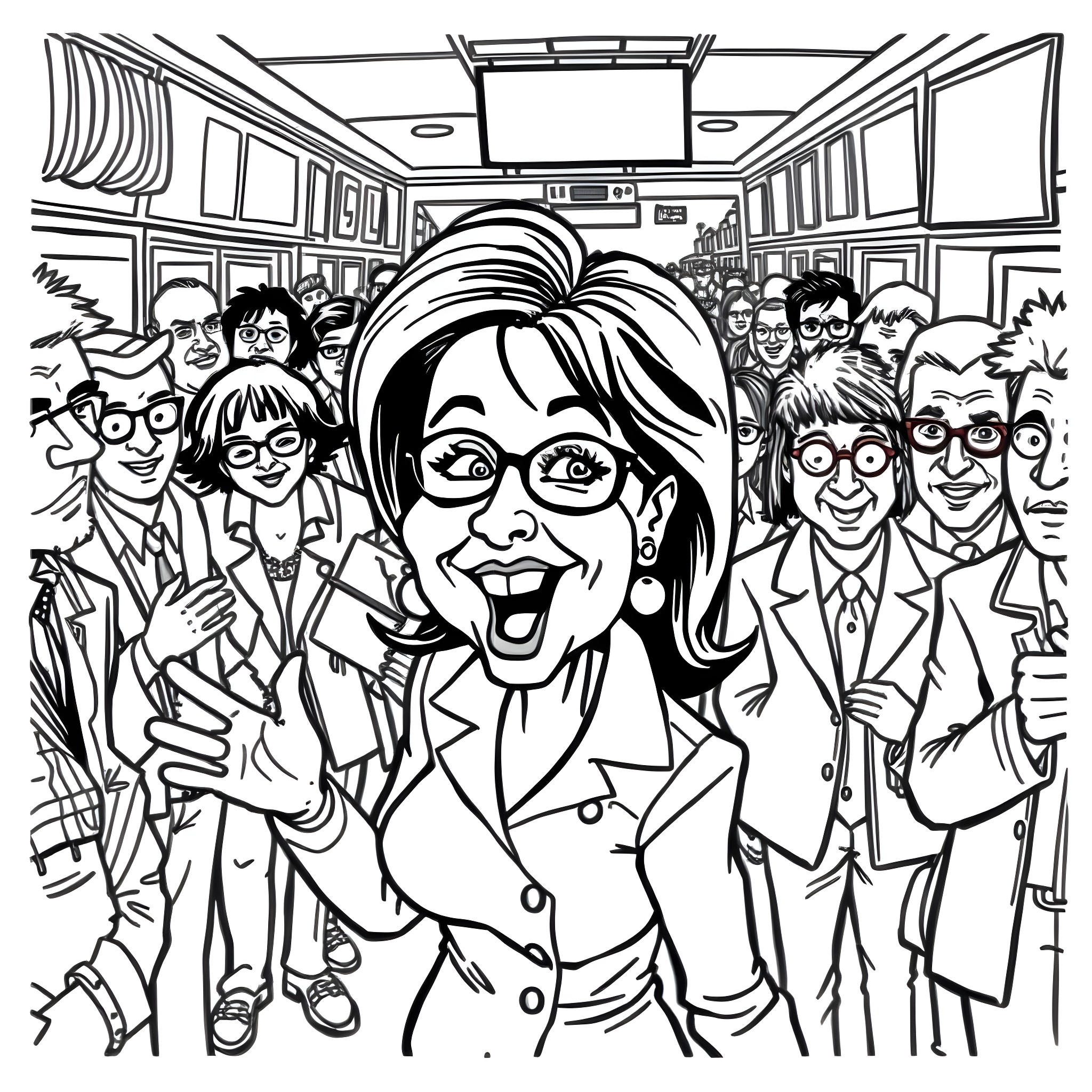 Sarah Palin surrounded by cheering crowd in campaign rally Coloring Page (free black-and-white line drawing printable PDF for all, from beginners to advanced learners, including children, teens, adults, and seniors)