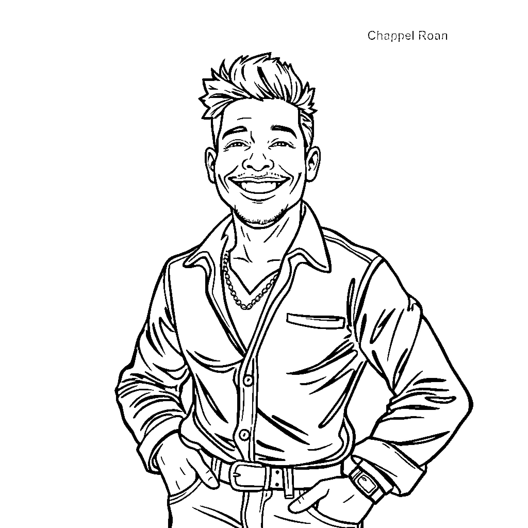 Chappell Roan smiling joyfully in smart casual attire Coloring Page (free black-and-white line drawing printable PDF for all, from beginners to advanced learners, including children, teens, adults, and seniors)