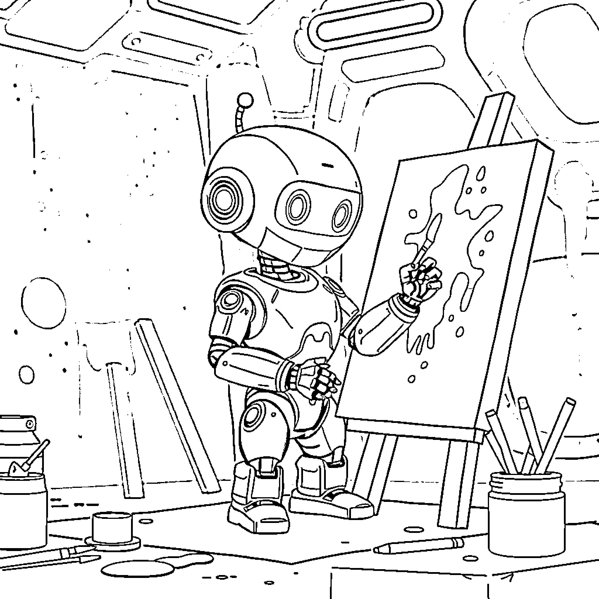 Robot artist painting on canvas in a studio Coloring Page (free black-and-white line drawing printable PDF for all, from beginners to advanced learners, including children, teens, adults, and seniors)