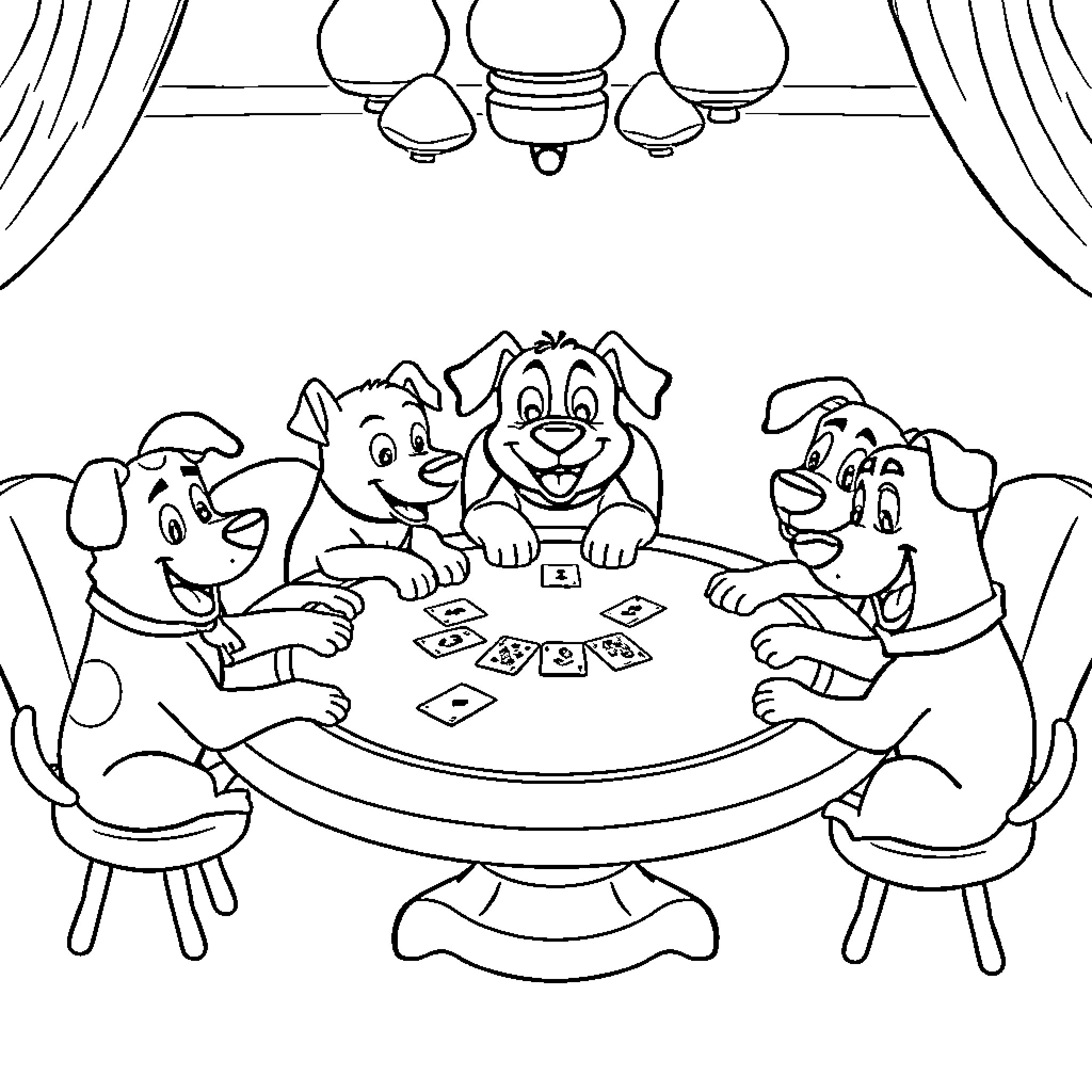 Dog friends playing card games at a table Coloring Page (free black-and-white line drawing printable PDF for all, from beginners to advanced learners, including children, teens, adults, and seniors)