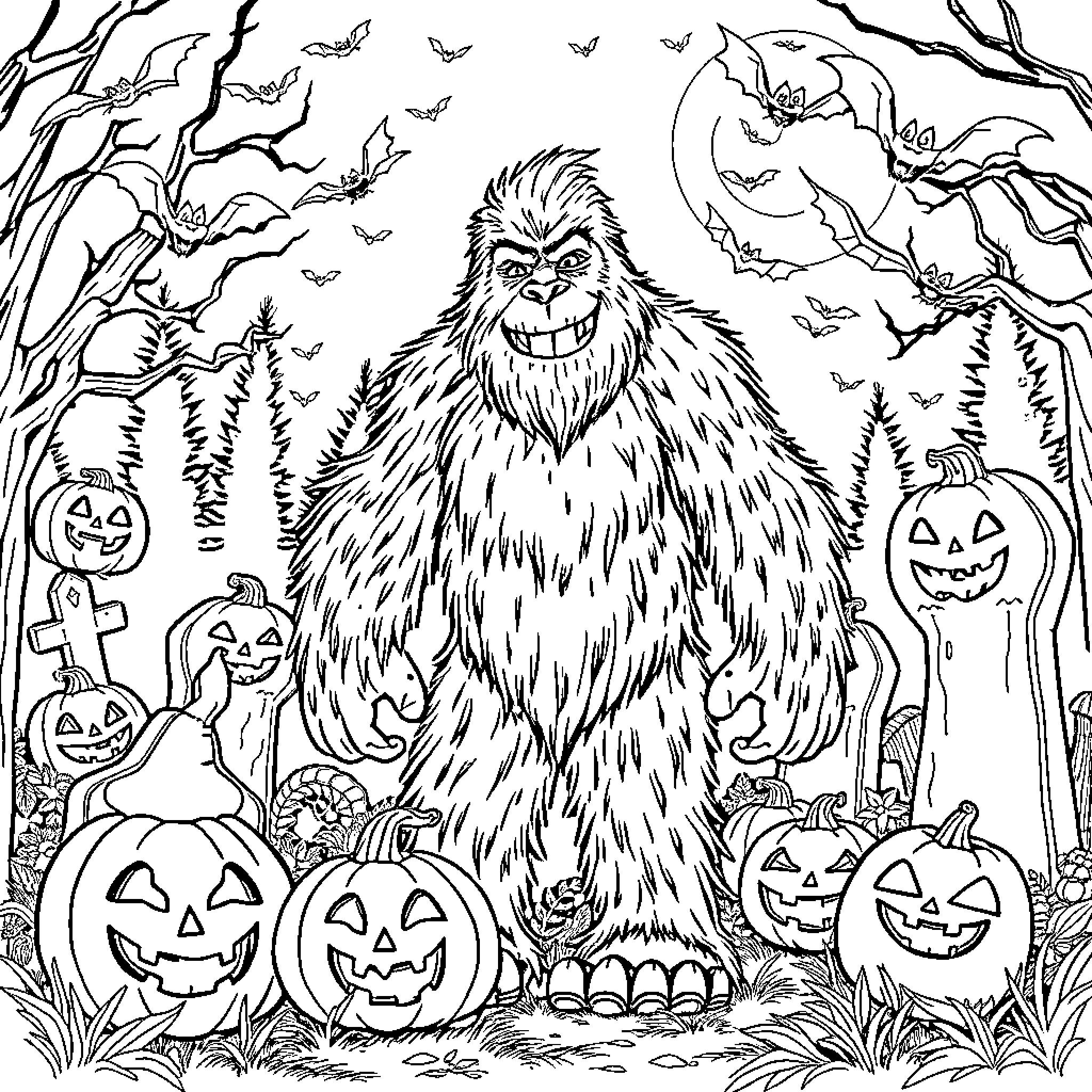 Bigfoot celebrating Halloween in the forest Coloring Page (free black-and-white line drawing printable PDF for all, from beginners to advanced learners, including children, teens, adults, and seniors)