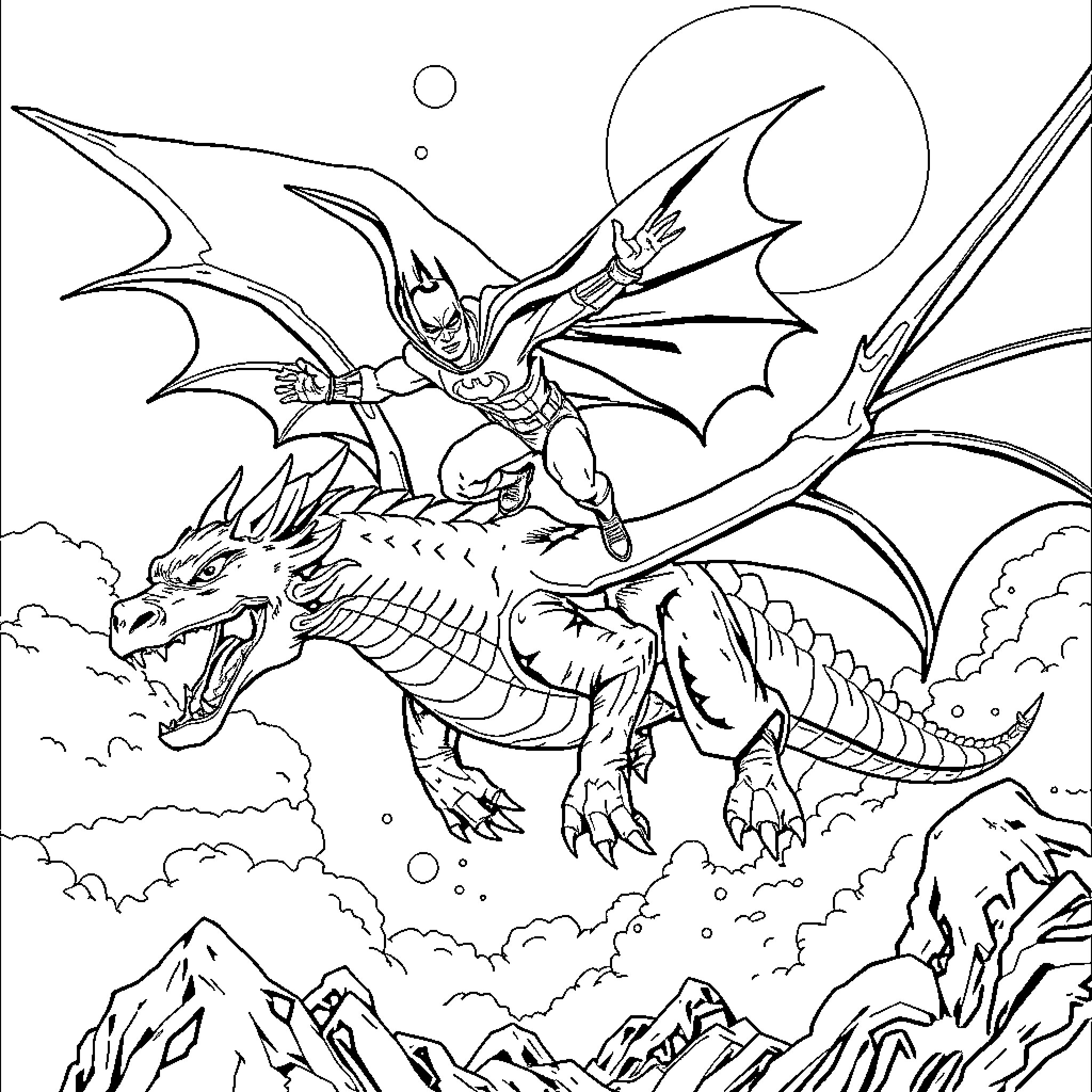 Batman soaring on a fierce dragon against a nightscape Coloring Page (free black-and-white line drawing printable PDF for all, from beginners to advanced learners, including children, teens, adults, and seniors)