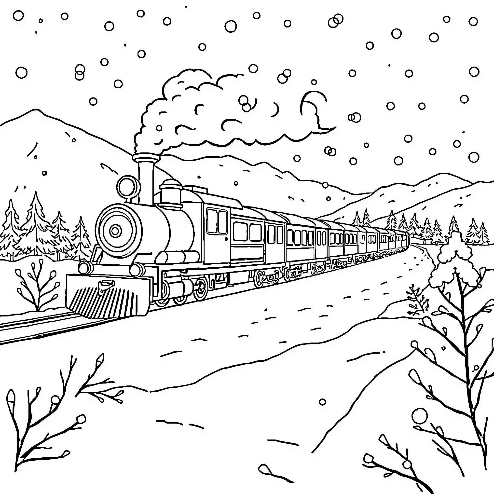 Train traveling through snowy winter landscape Coloring Page (free black-and-white line drawing printable PDF for all, from beginners to advanced learners, including children, teens, adults, and seniors)