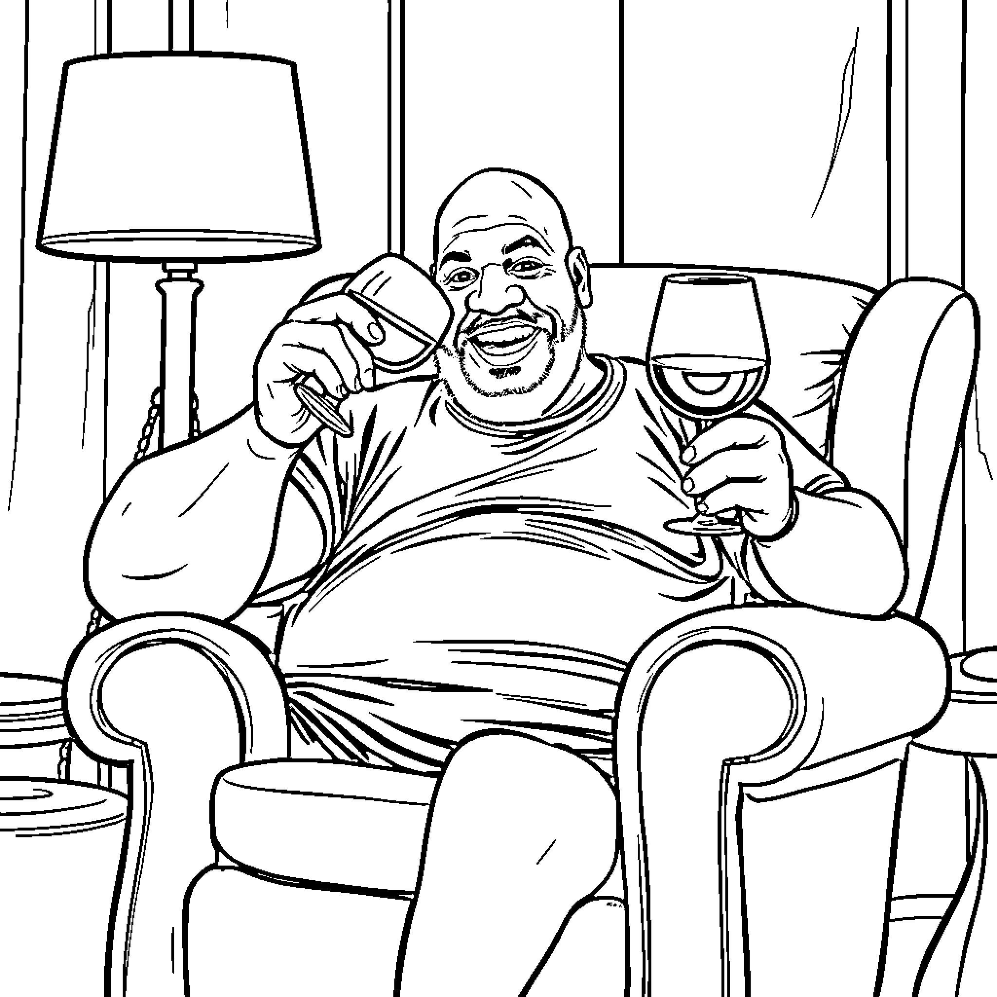 Shaq relaxing with a drink in his living room Coloring Page (free black-and-white line drawing printable PDF for all, from beginners to advanced learners, including children, teens, adults, and seniors)
