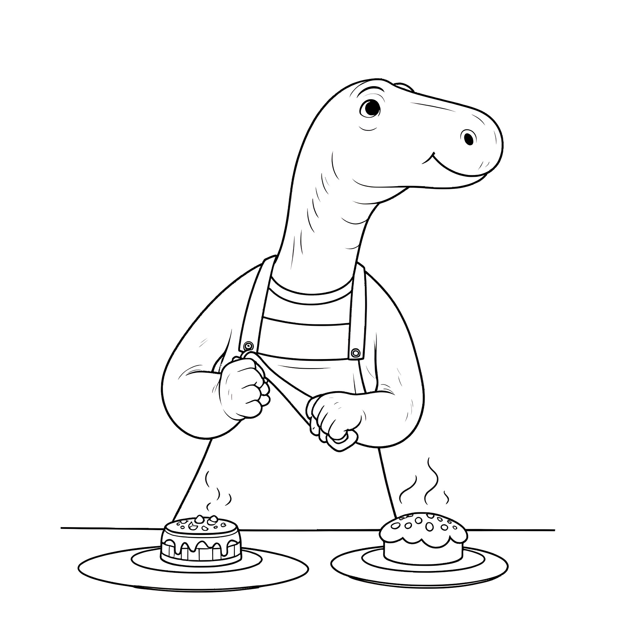 Dinosaur chef preparing delectable dishes Coloring Page (free black-and-white line drawing printable PDF for all, from beginners to advanced learners, including children, teens, adults, and seniors)