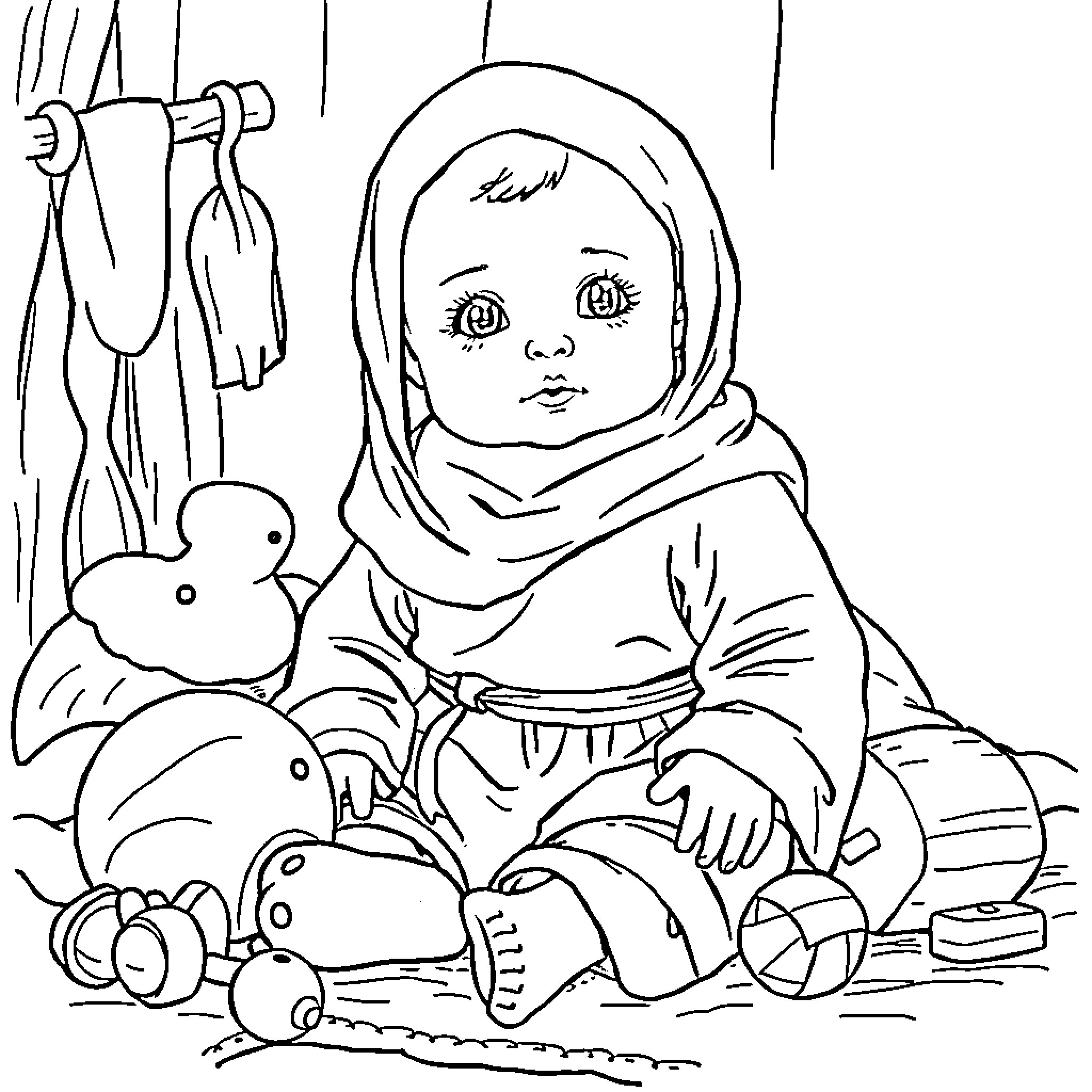 Baby playing with toys in cozy indoor setting Coloring Page (free black-and-white line drawing printable PDF for all, from beginners to advanced learners, including children, teens, adults, and seniors)