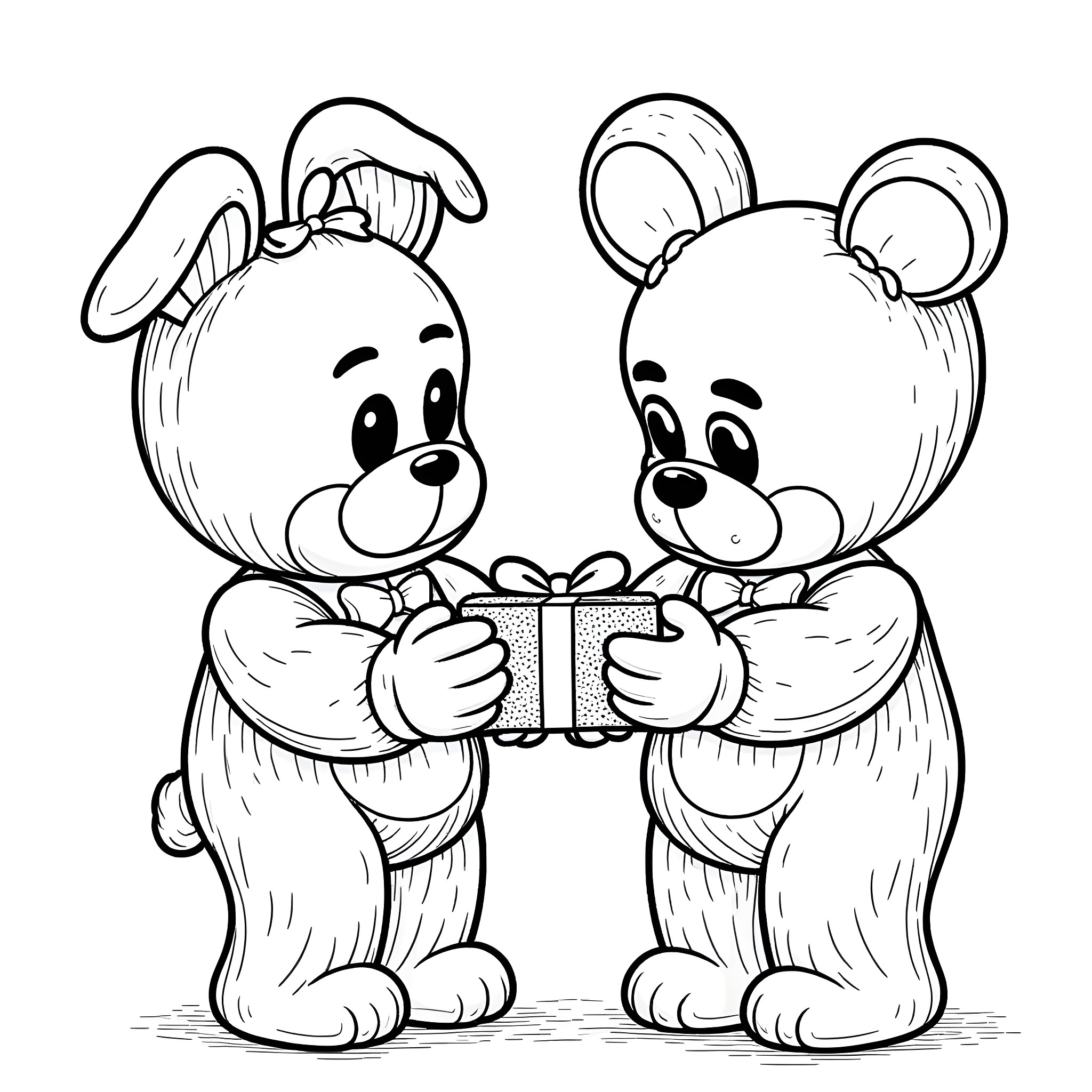 Five Nights At Freddy's Cute Toy Bears Holding Gift Box Coloring Page (free black-and-white line drawing printable PDF for all, from beginners to advanced learners, including children, teens, adults, and seniors)
