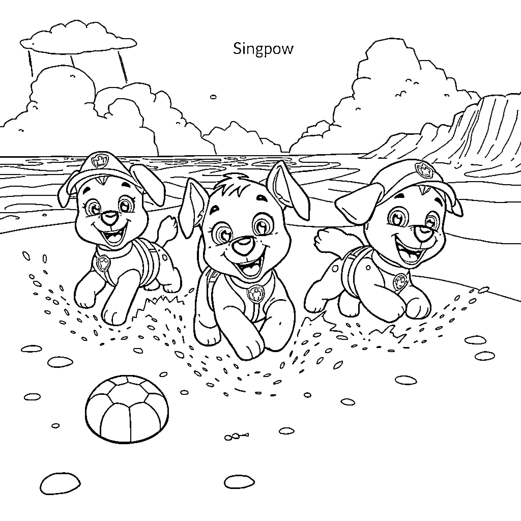 Paw Patrol Pups Playing at the Beach Coloring Page (free black-and-white line drawing printable PDF for all, from beginners to advanced learners, including children, teens, adults, and seniors)