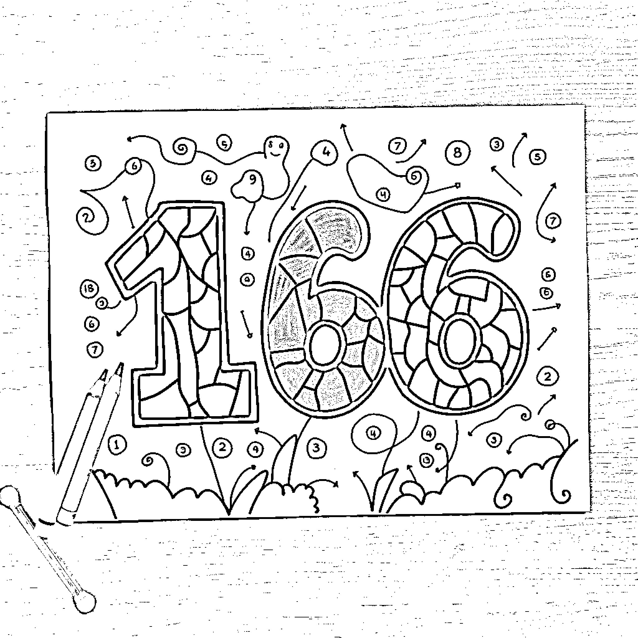 Number 120 coloring page with various shapes and objects Coloring Page (free black-and-white line drawing printable PDF for all, from beginners to advanced learners, including children, teens, adults, and seniors)