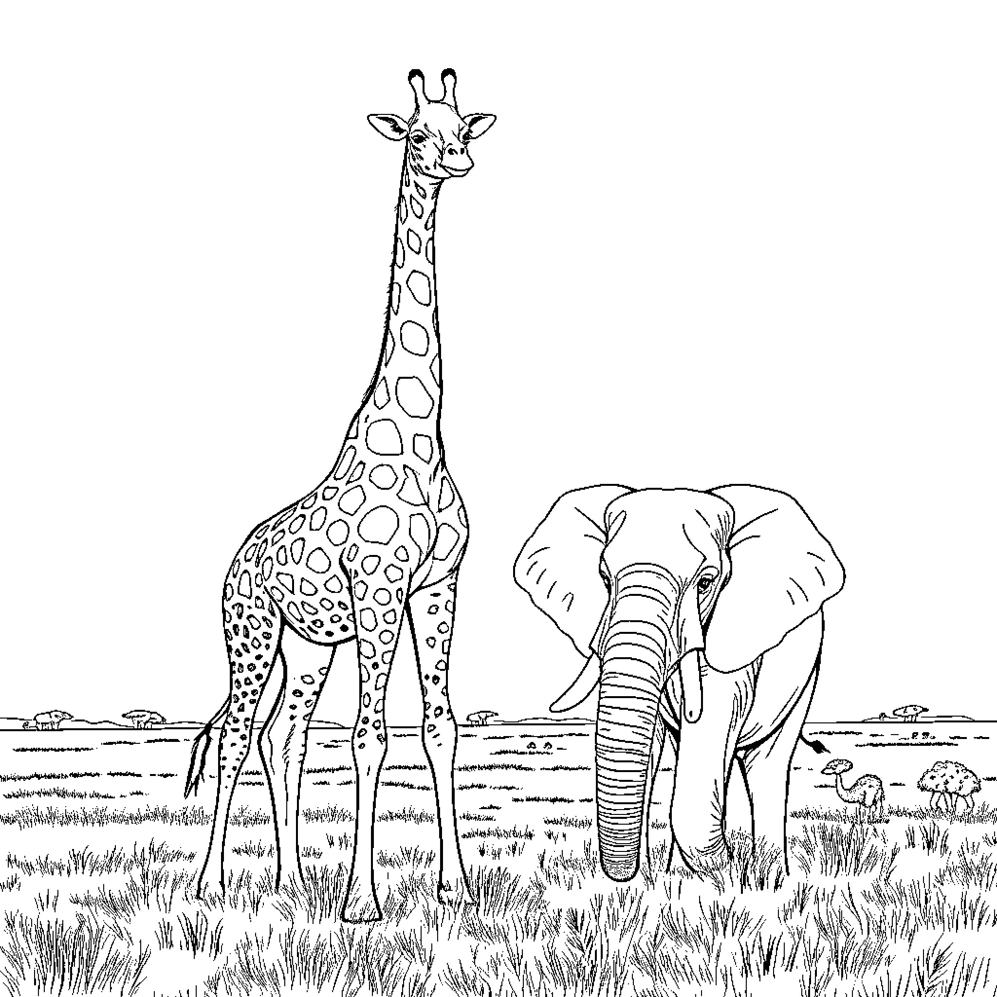 Giraffe and elephant in the wild Coloring Page (free black-and-white line drawing printable PDF for all, from beginners to advanced learners, including children, teens, adults, and seniors)