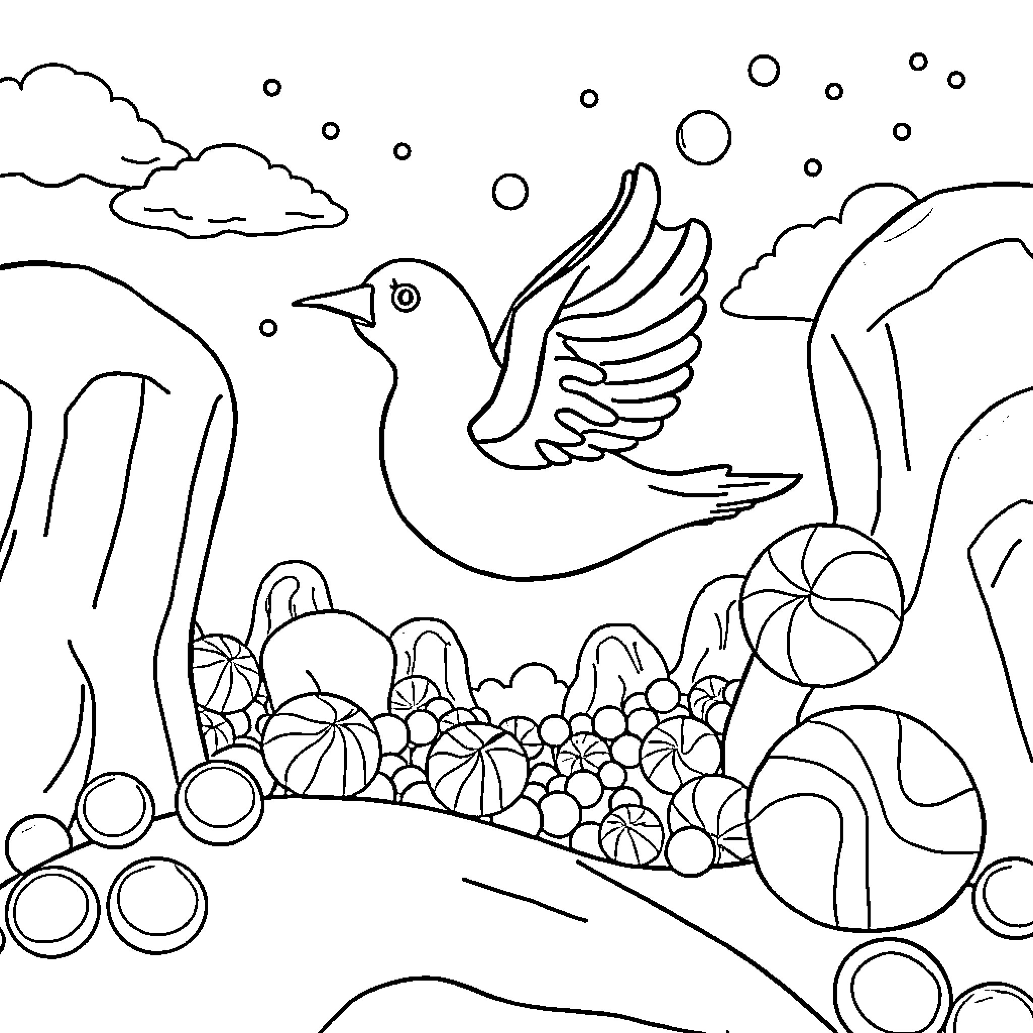 Vache in a whimsical floral landscape with a bird Coloring Page (free black-and-white line drawing printable PDF for all, from beginners to advanced learners, including children, teens, adults, and seniors)