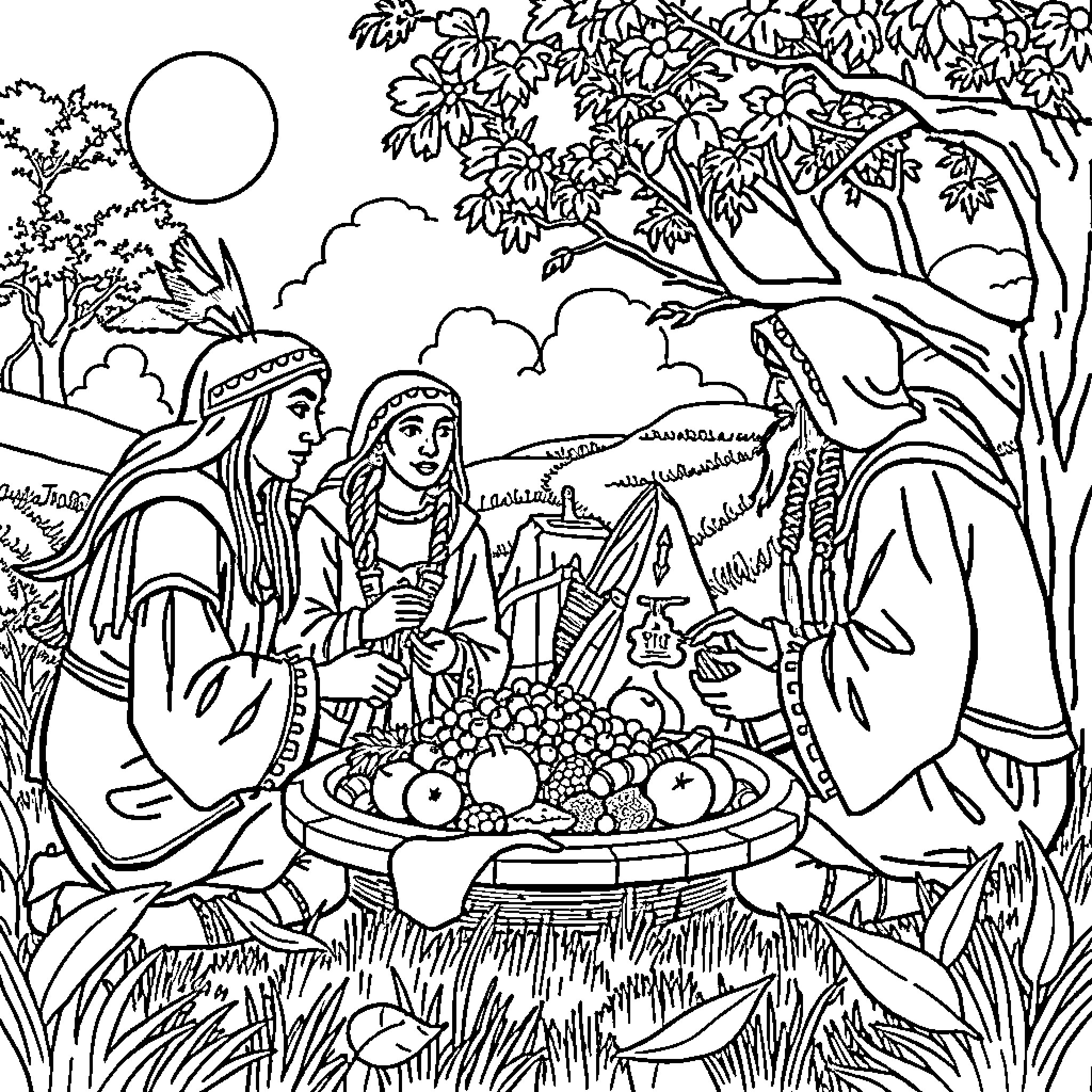 Native American families gathering and enjoying nature Coloring Page (free black-and-white line drawing printable PDF for all, from beginners to advanced learners, including children, teens, adults, and seniors)