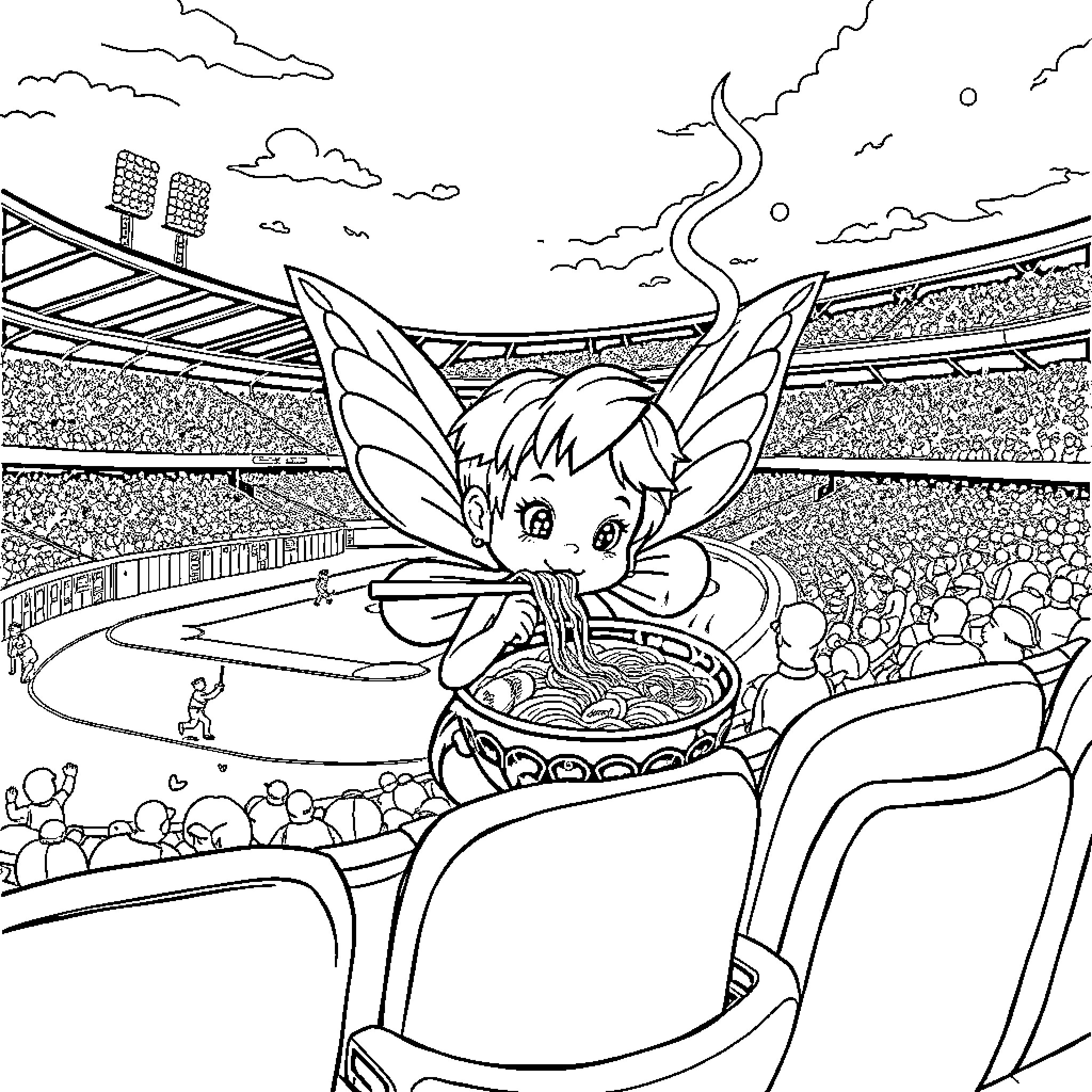 Fairy Enjoying a Sporting Event in the Stadium Coloring Page (free black-and-white line drawing printable PDF for all, from beginners to advanced learners, including children, teens, adults, and seniors)