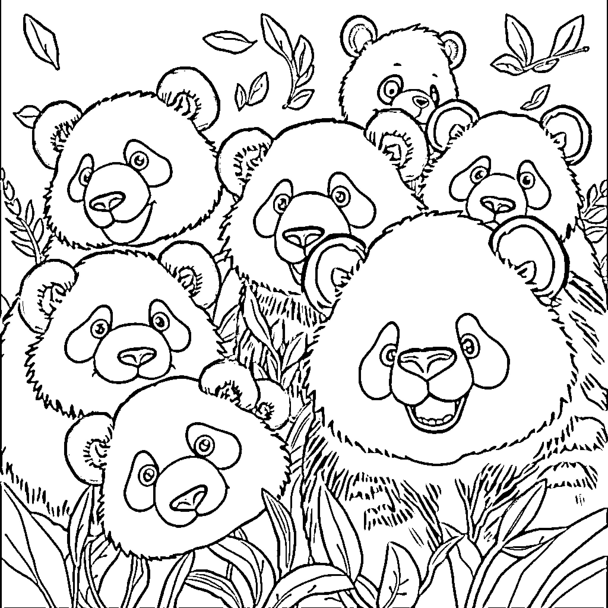 Panda family enjoying the nature Coloring Page (free black-and-white line drawing printable PDF for all, from beginners to advanced learners, including children, teens, adults, and seniors)