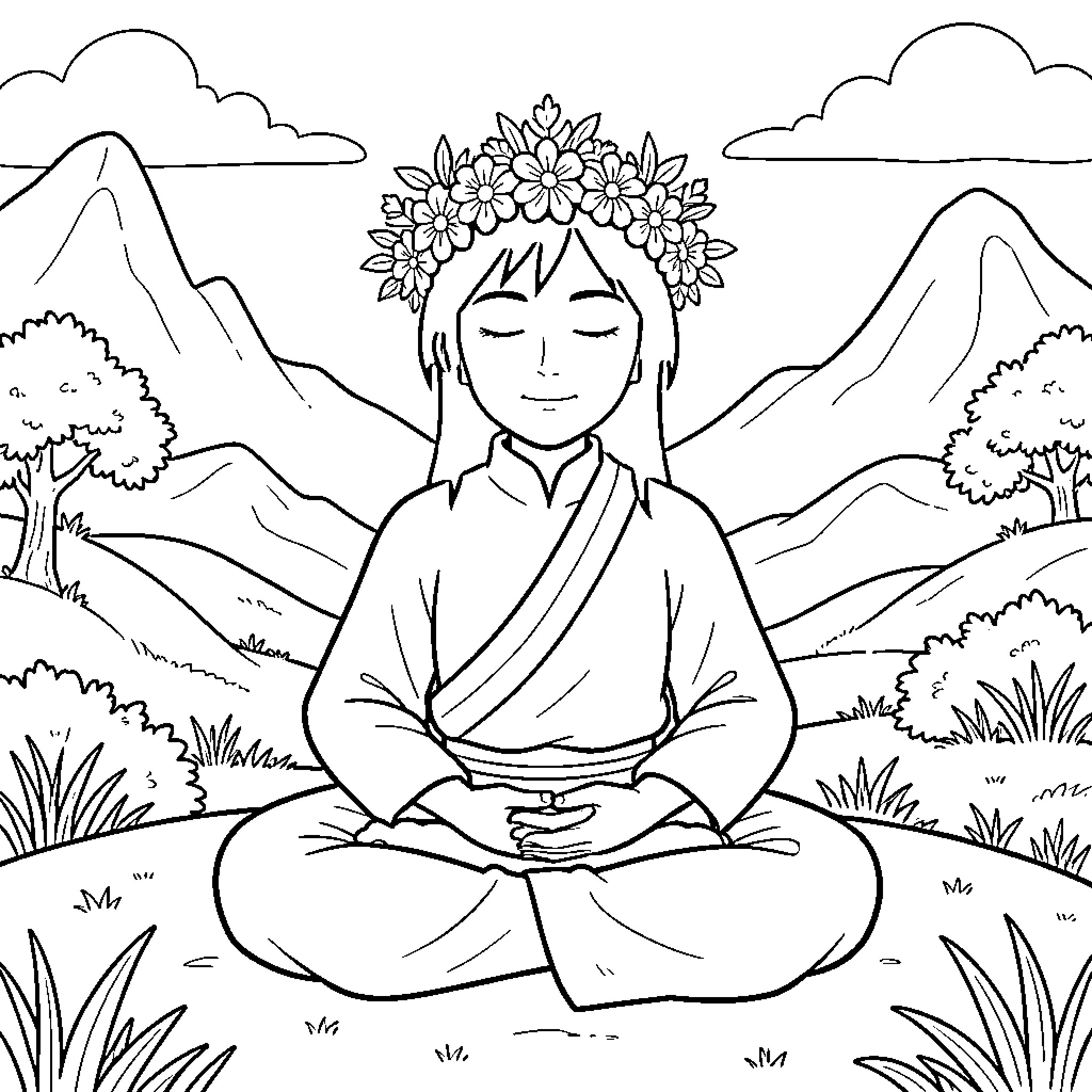 Aang meditating in a serene natural setting Coloring Page (free black-and-white line drawing printable PDF for all, from beginners to advanced learners, including children, teens, adults, and seniors)