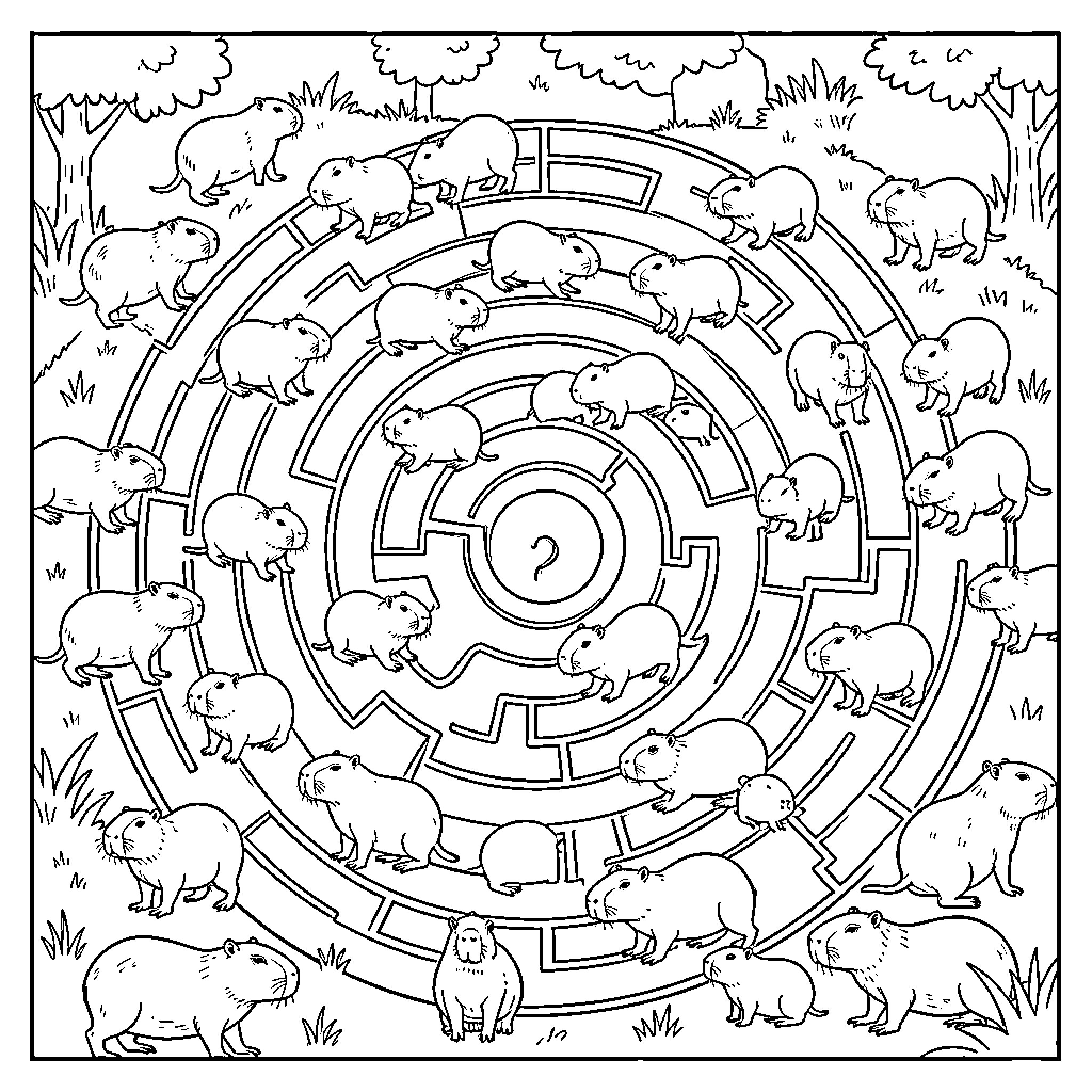Capybara maze with playful capybaras Coloring Page (free black-and-white line drawing printable PDF for all, from beginners to advanced learners, including children, teens, adults, and seniors)
