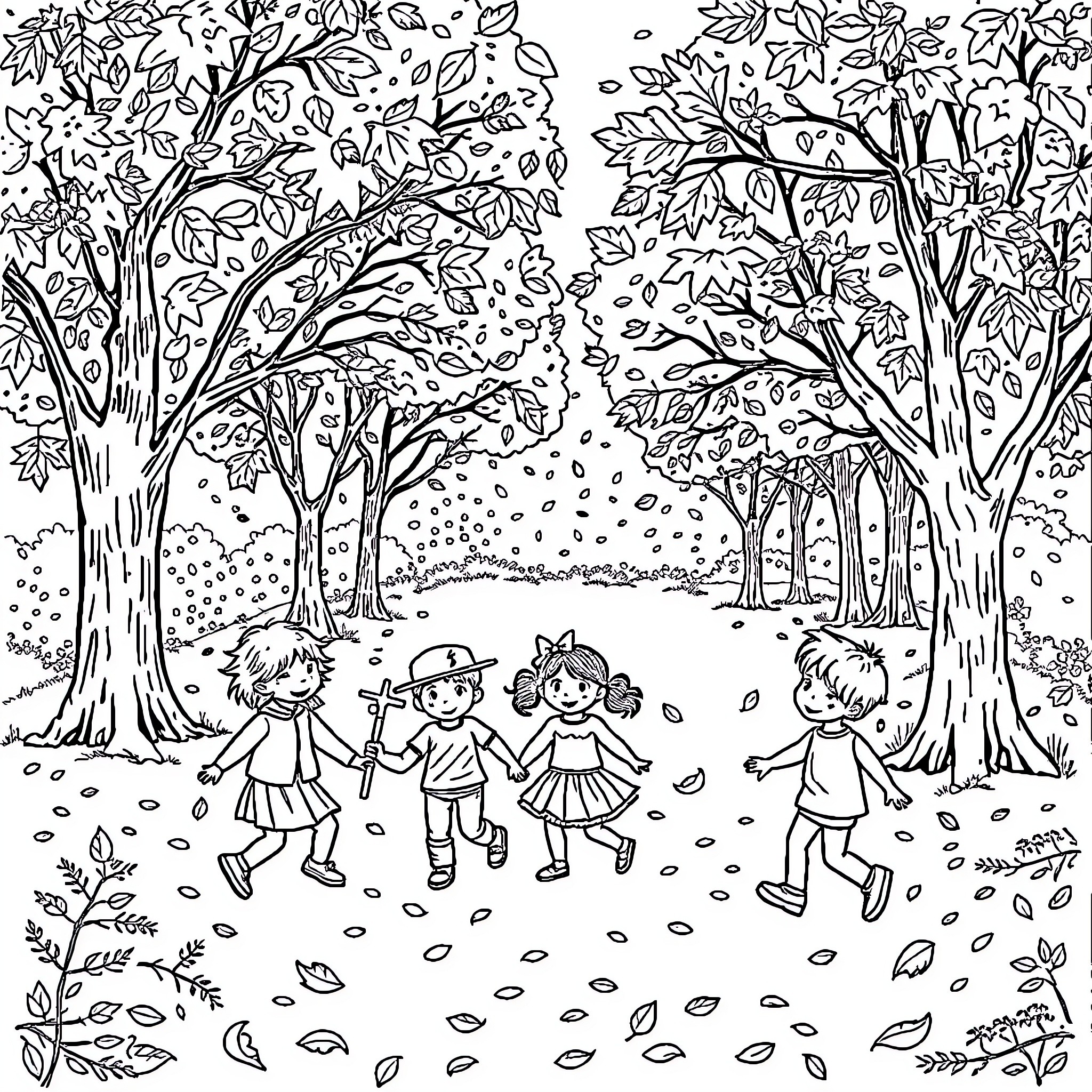Child playing happily in the autumn forest Coloring Page (free black-and-white line drawing printable PDF for all, from beginners to advanced learners, including children, teens, adults, and seniors)