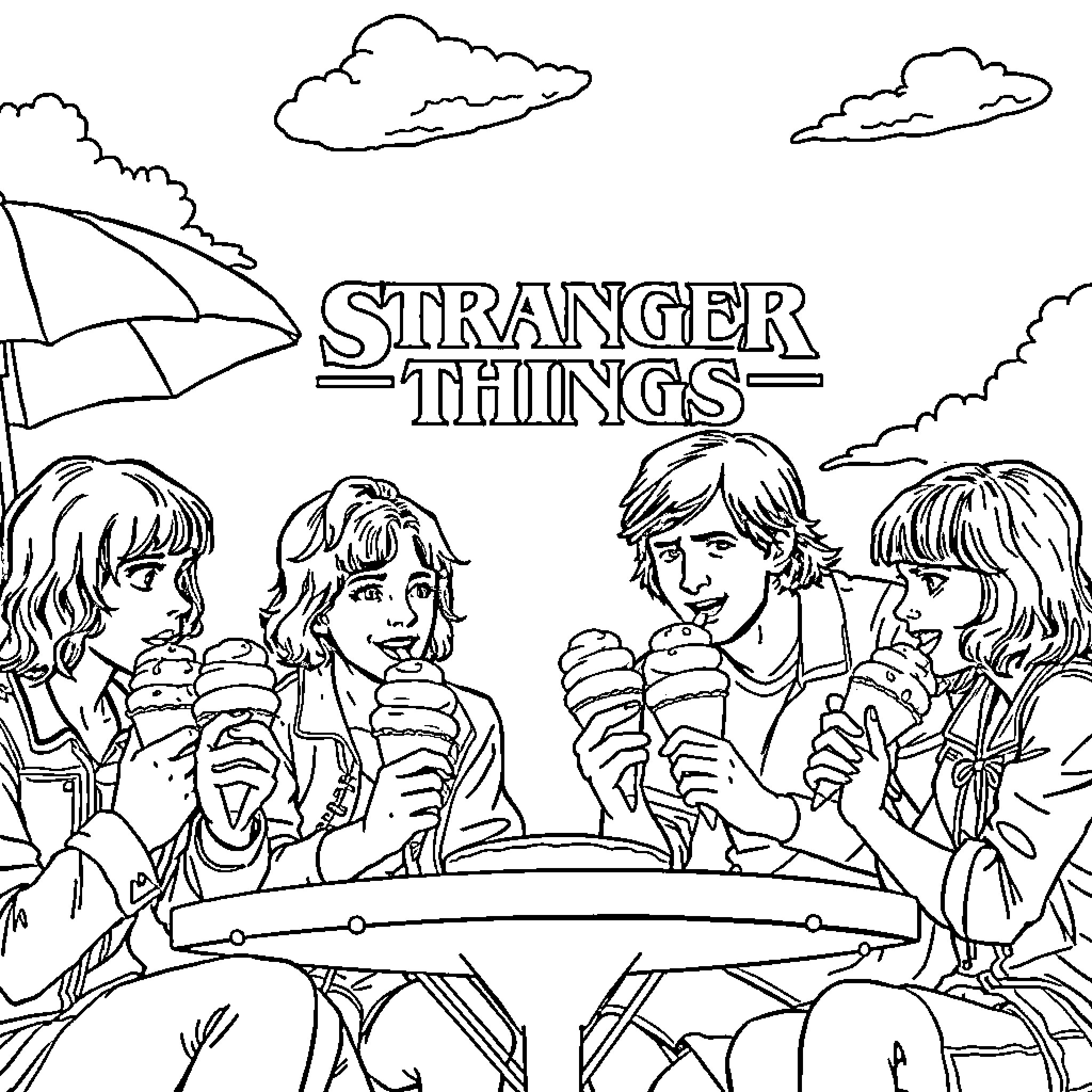 Stranger Things characters enjoying ice cream treats Coloring Page (free black-and-white line drawing printable PDF for all, from beginners to advanced learners, including children, teens, adults, and seniors)