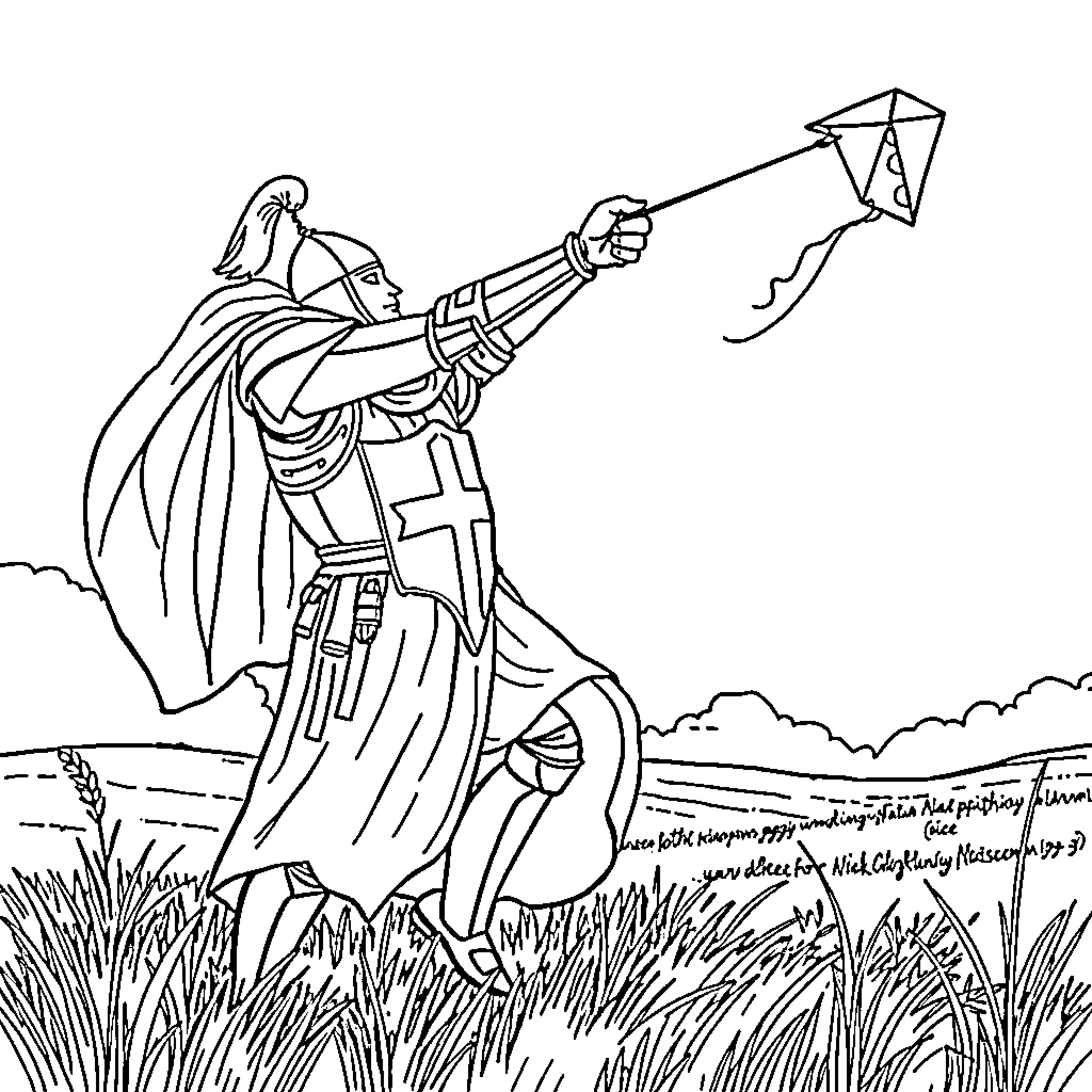 Templar Knight launching a flaming arrow towards the horizon Coloring Page (free black-and-white line drawing printable PDF for all, from beginners to advanced learners, including children, teens, adults, and seniors)