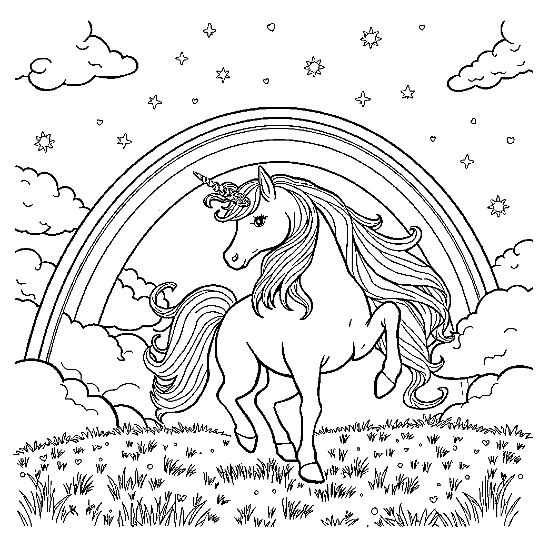 Unicorn frolicking in a magical landscape Coloring Page (free black-and-white line drawing printable PDF for all, from beginners to advanced learners, including children, teens, adults, and seniors)