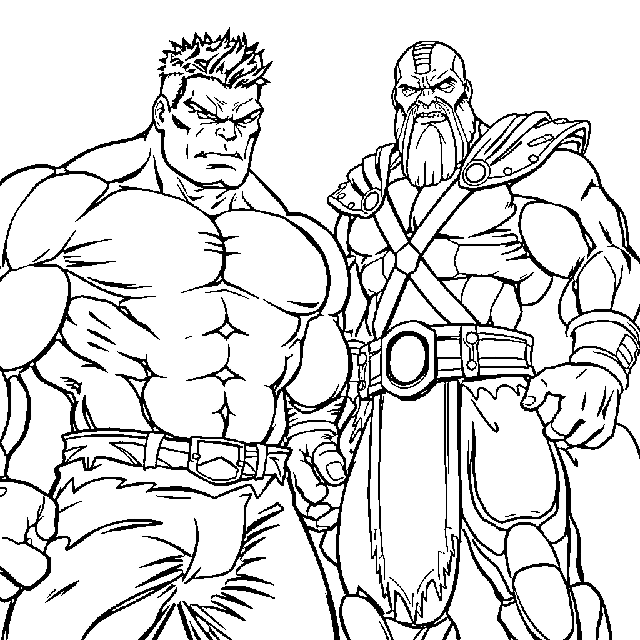 Hulk and Thanos facing off in intense confrontation Coloring Page (free black-and-white line drawing printable PDF for all, from beginners to advanced learners, including children, teens, adults, and seniors)