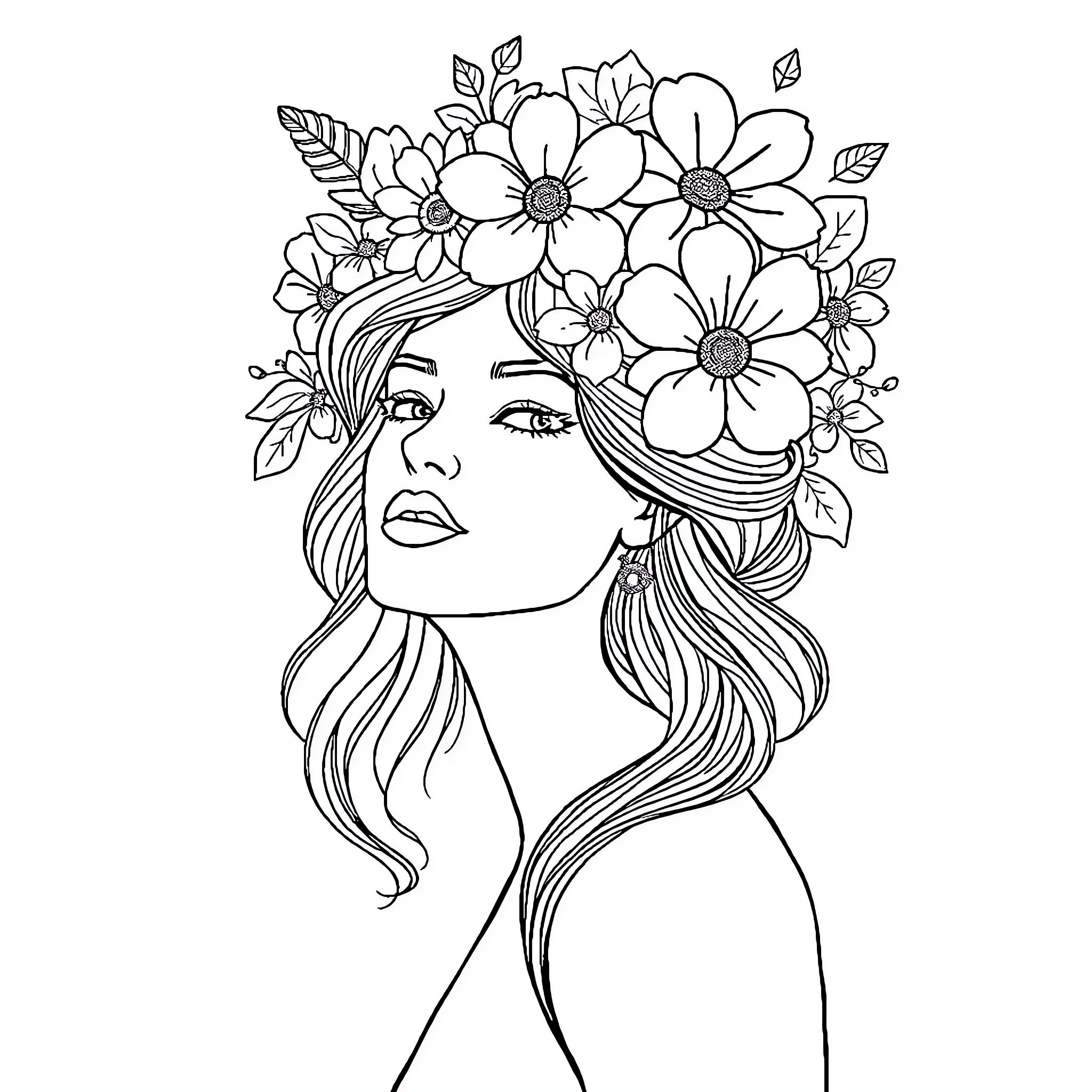 Lady with Floral Crown and Flowing Hair Coloring Page (free black-and-white line drawing printable PDF for all, from beginners to advanced learners, including children, teens, adults, and seniors)