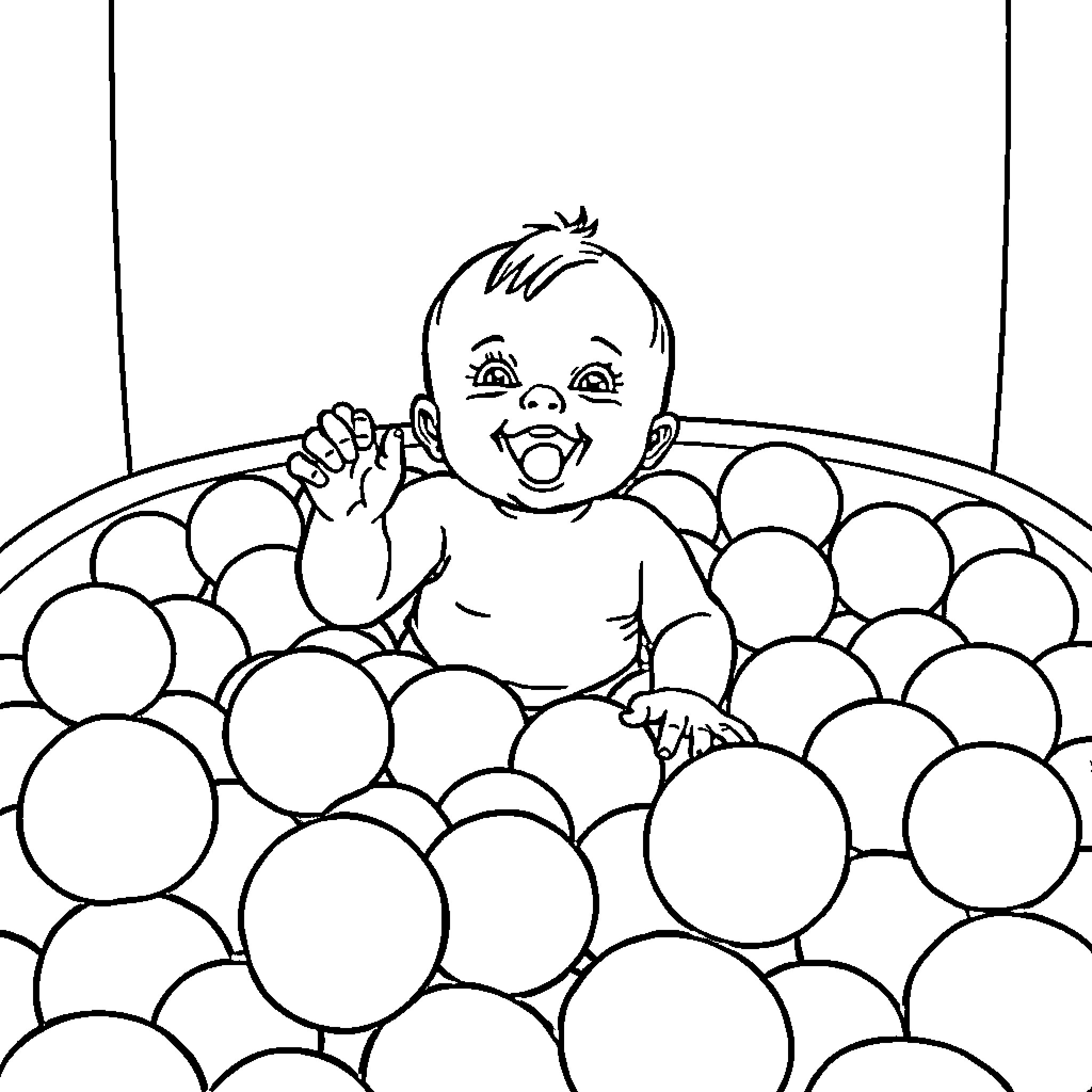 Baby joyfully playing in a ball pit Coloring Page (free black-and-white line drawing printable PDF for all, from beginners to advanced learners, including children, teens, adults, and seniors)