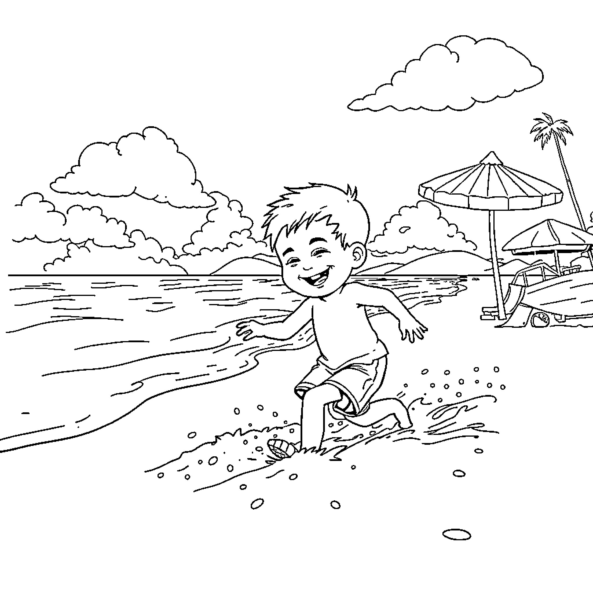 Boy playing joyfully at the beach Coloring Page (free black-and-white line drawing printable PDF for all, from beginners to advanced learners, including children, teens, adults, and seniors)
