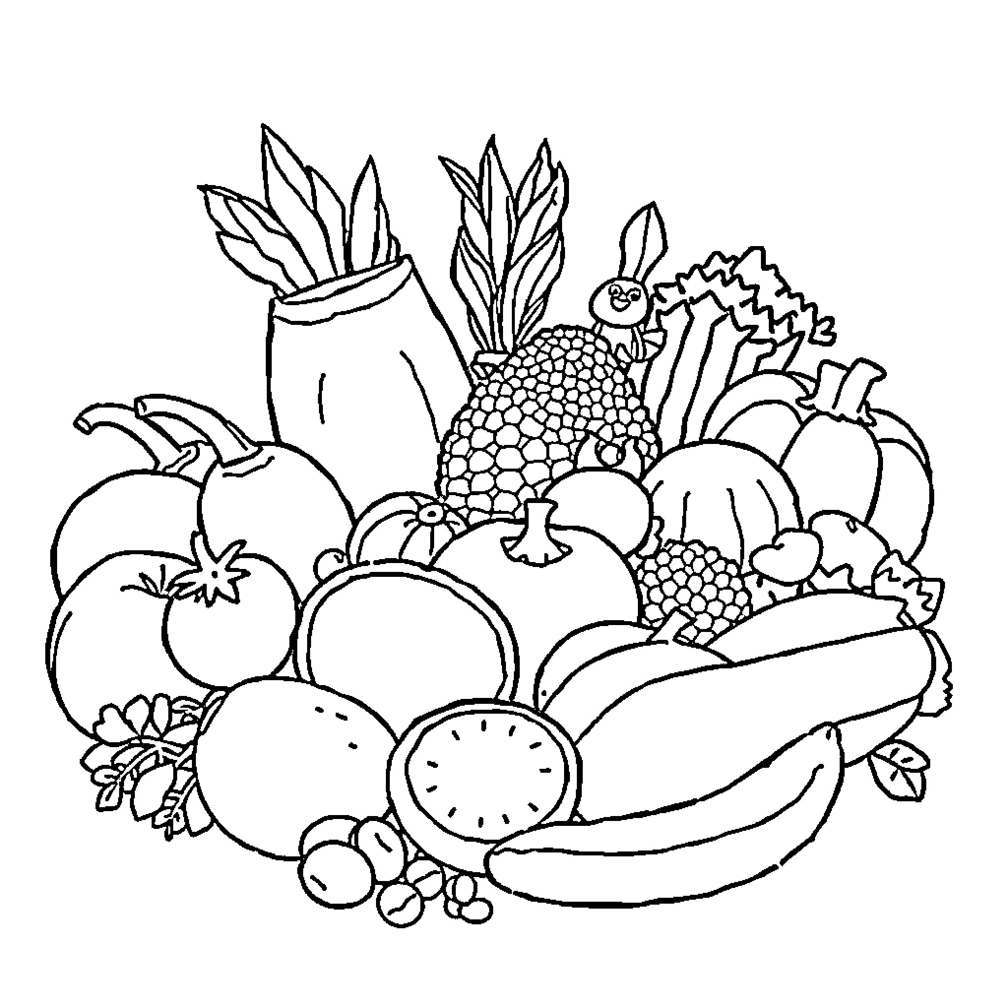 Food items shown in simple line art Coloring Page (free black-and-white line drawing printable PDF for all, from beginners to advanced learners, including children, teens, adults, and seniors)