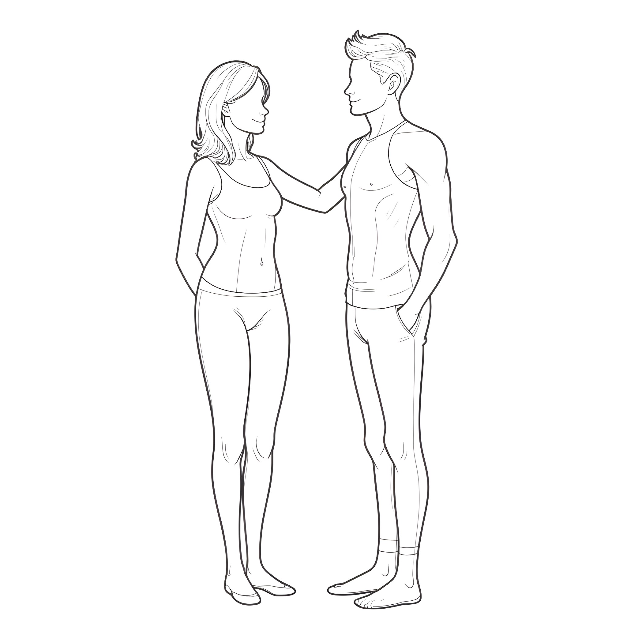 Human couple in casual attire standing together Coloring Page (free black-and-white line drawing printable PDF for all, from beginners to advanced learners, including children, teens, adults, and seniors)