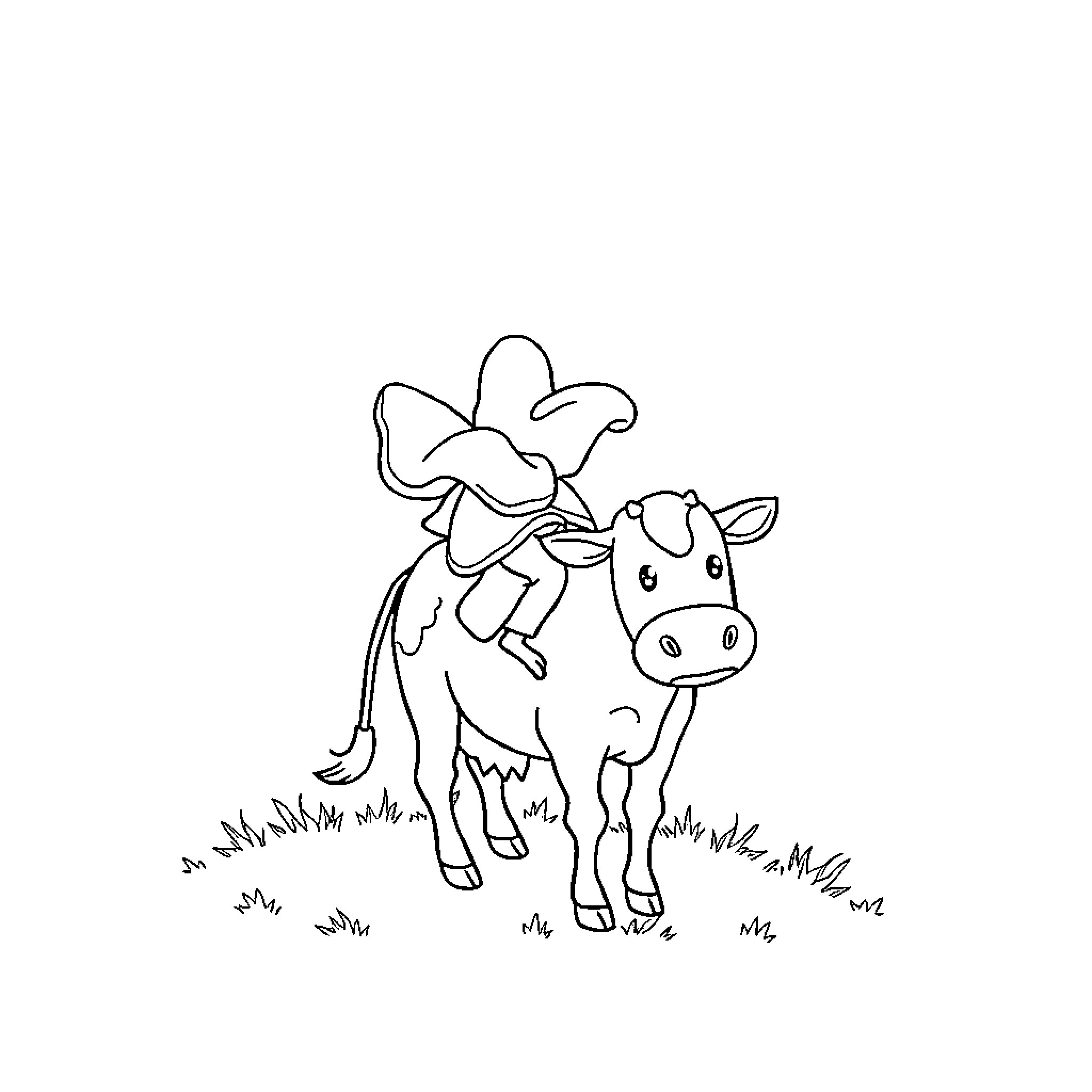 Farfalle cow dancing in a field Coloring Page (free black-and-white line drawing printable PDF for all, from beginners to advanced learners, including children, teens, adults, and seniors)