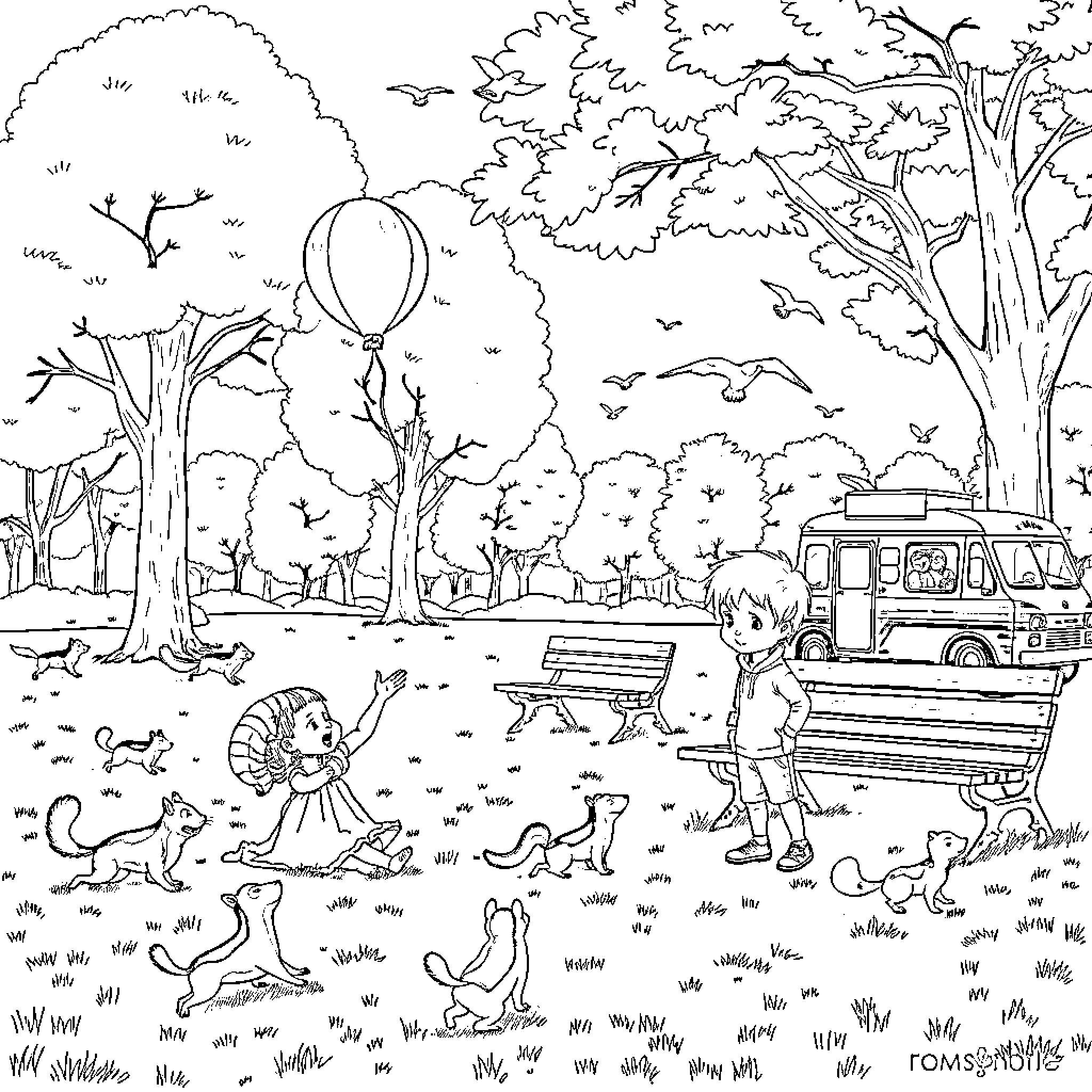 Park Scene with Diverse Activities and Characters Coloring Page (free black-and-white line drawing printable PDF for all, from beginners to advanced learners, including children, teens, adults, and seniors)