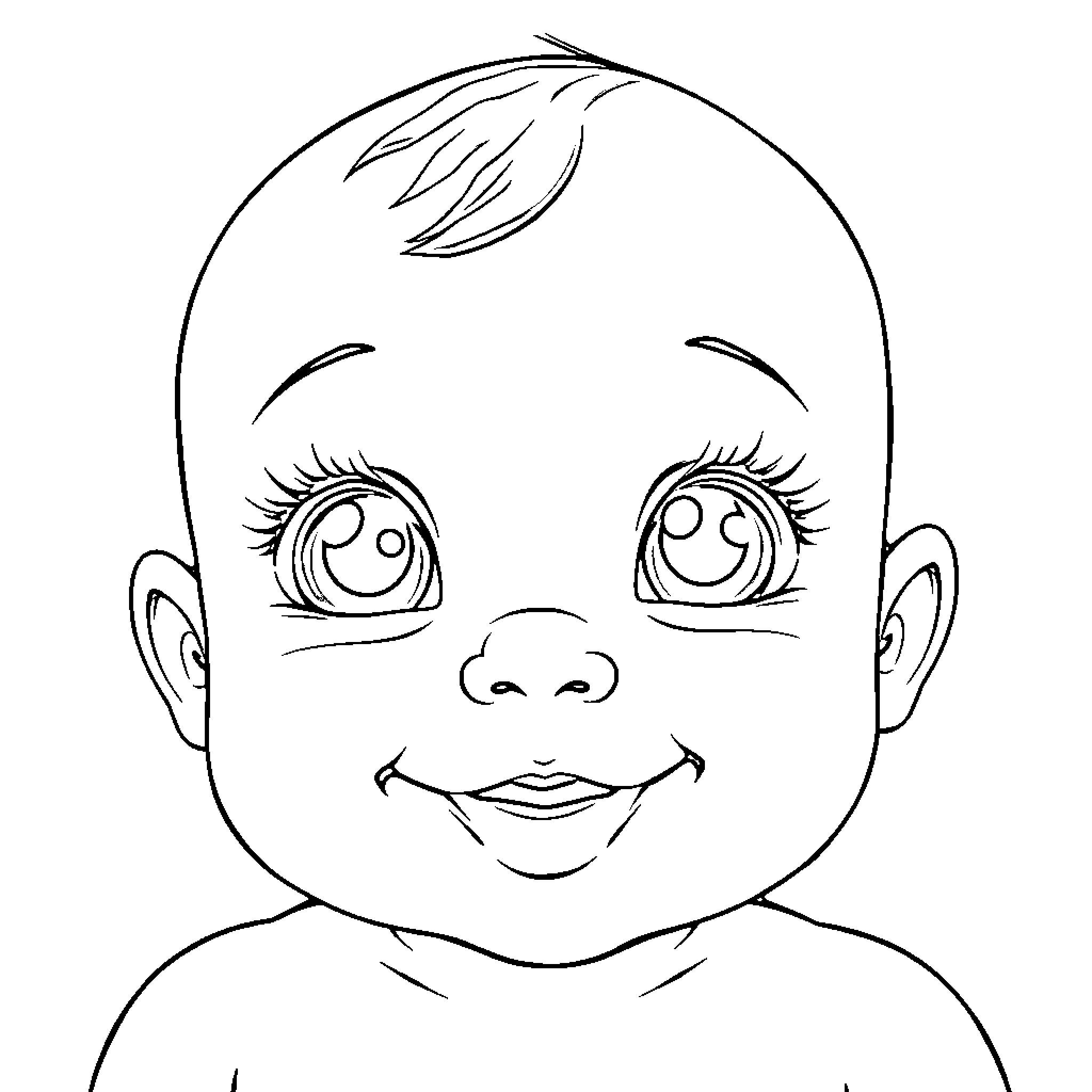 Baby with a happy expression and big eyes Coloring Page (free black-and-white line drawing printable PDF for all, from beginners to advanced learners, including children, teens, adults, and seniors)