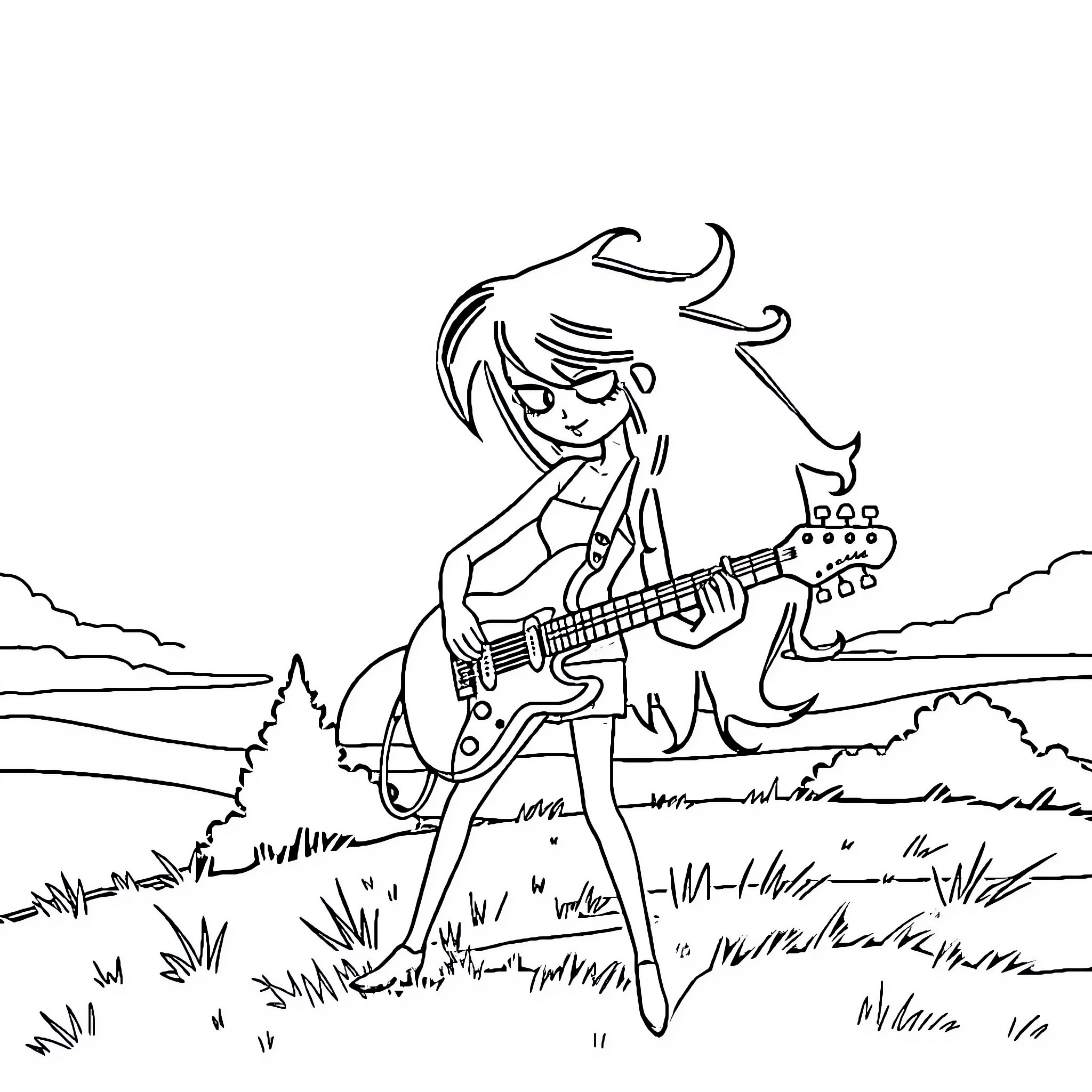 Marceline playing guitar in a scenic outdoor setting Coloring Page (free black-and-white line drawing printable PDF for all, from beginners to advanced learners, including children, teens, adults, and seniors)