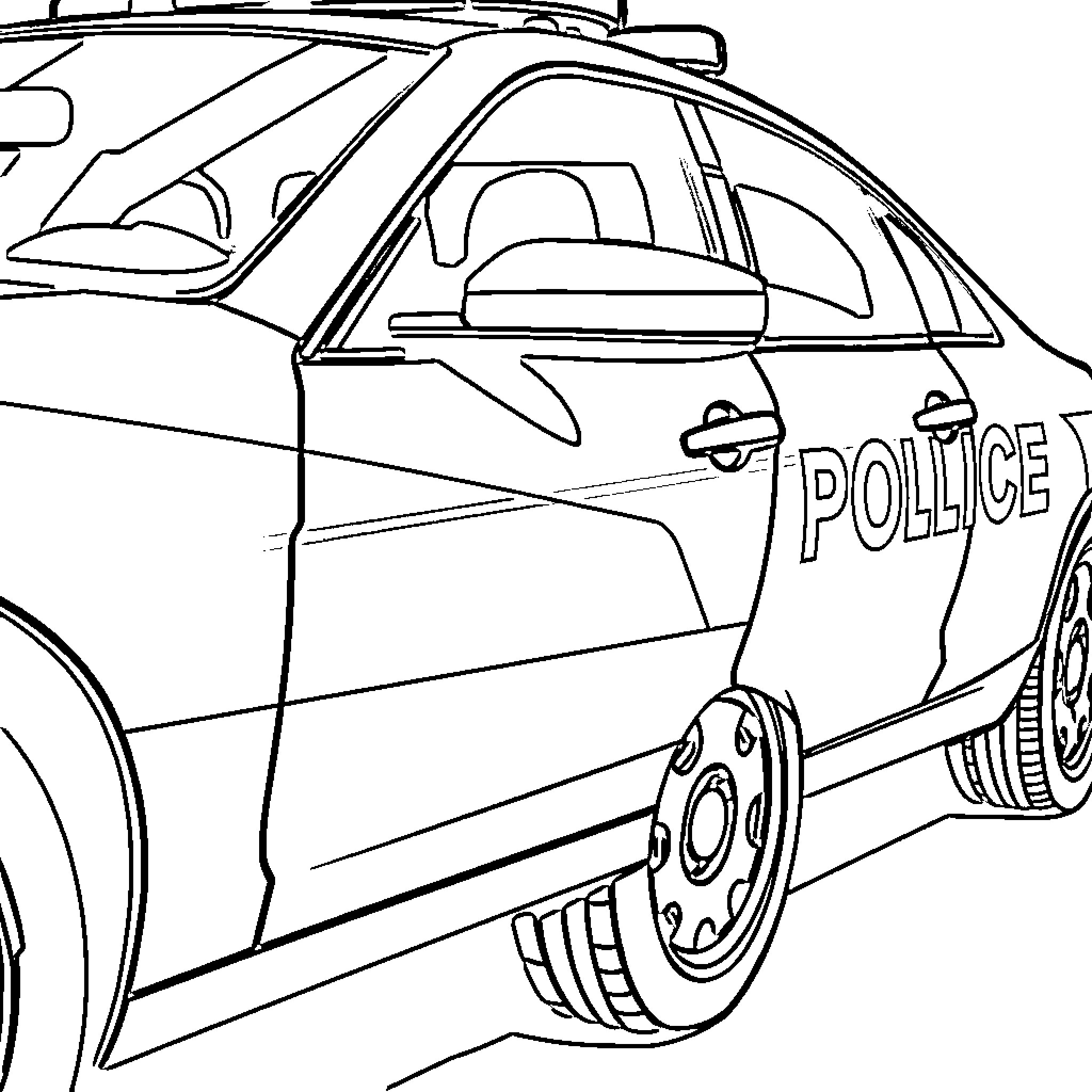 Police Car in Action Coloring Page (free black-and-white line drawing printable PDF for all, from beginners to advanced learners, including children, teens, adults, and seniors)