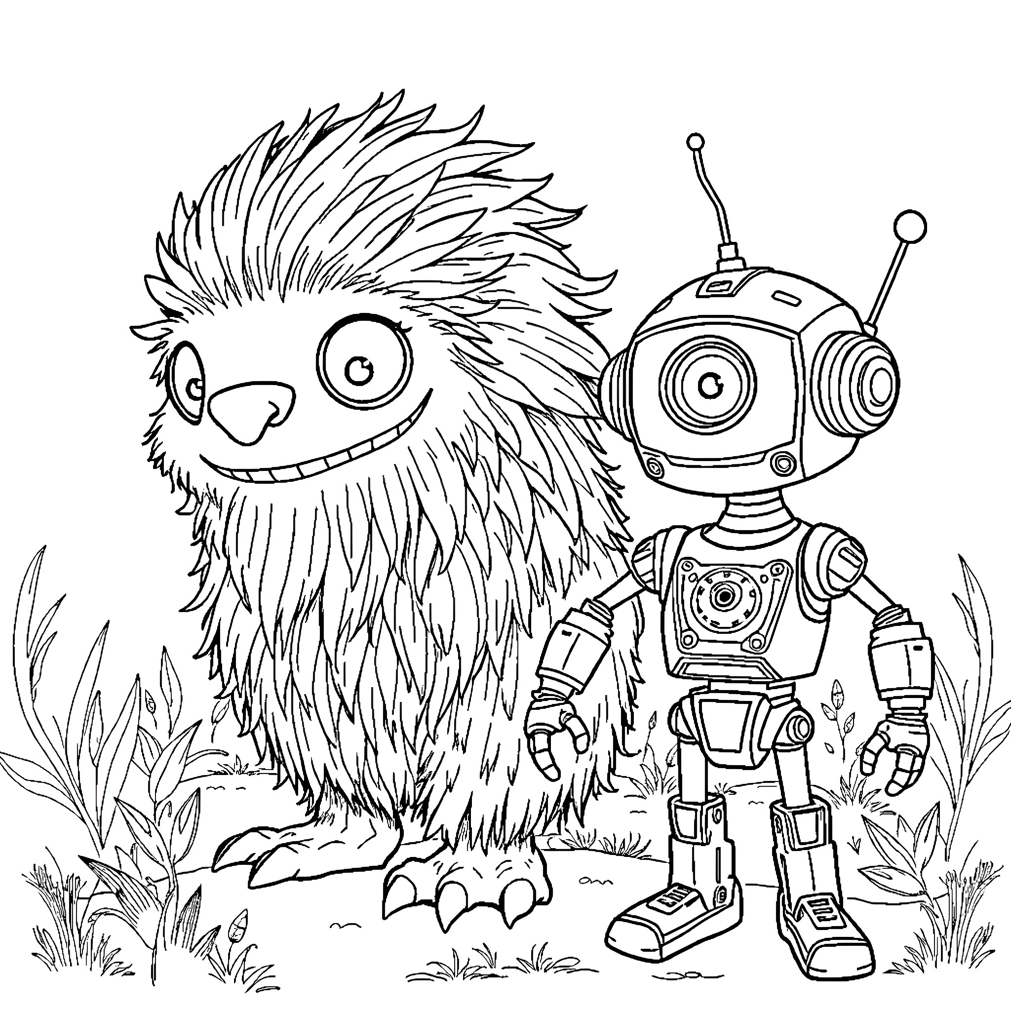 Oog and the Robot Companion in the Wilderness Coloring Page (free black-and-white line drawing printable PDF for all, from beginners to advanced learners, including children, teens, adults, and seniors)